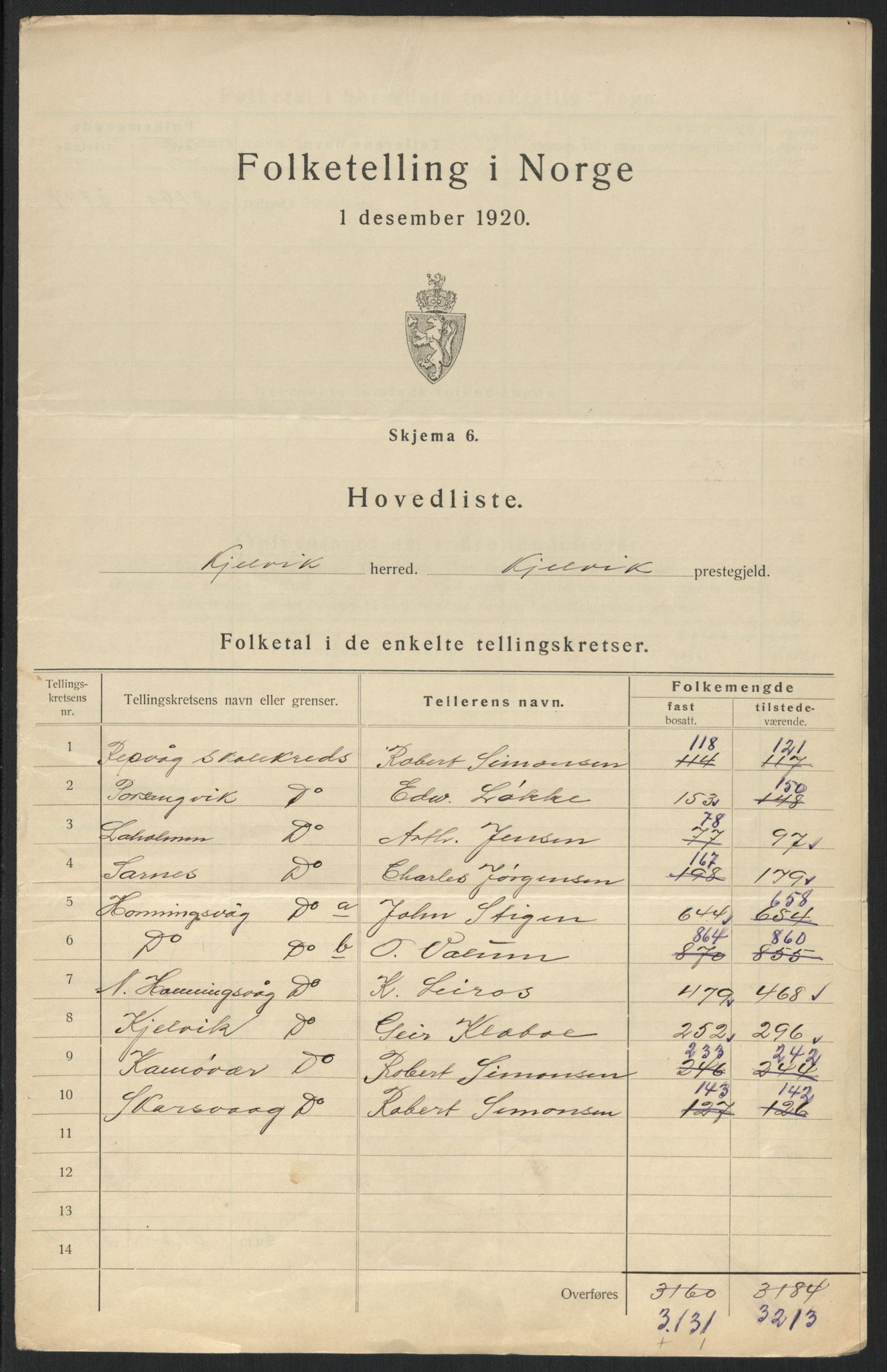 SATØ, Folketelling 1920 for 2019 Kjelvik herred, 1920, s. 4