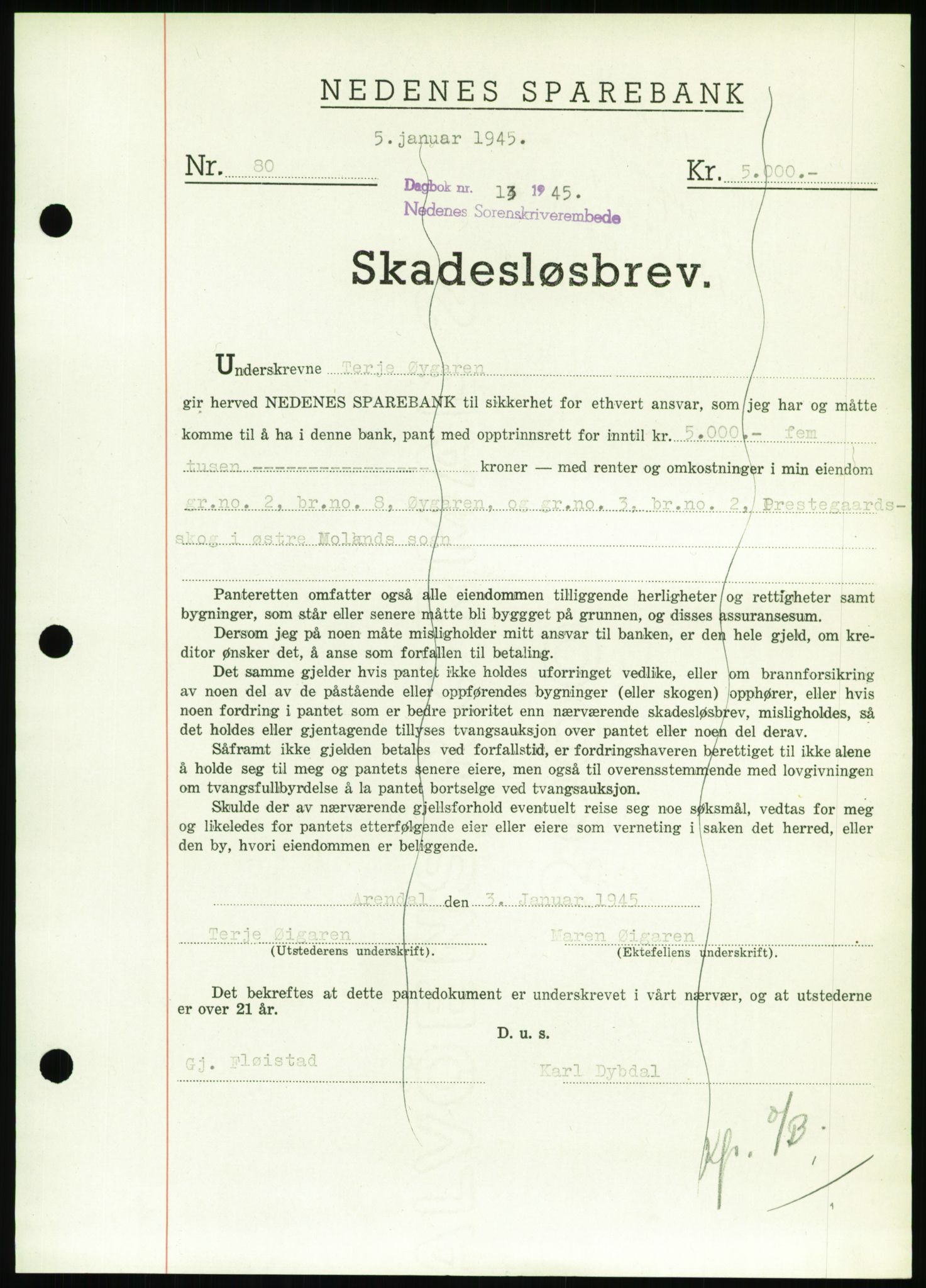 Nedenes sorenskriveri, SAK/1221-0006/G/Gb/Gbb/L0002: Pantebok nr. II, 1942-1945, Dagboknr: 13/1945