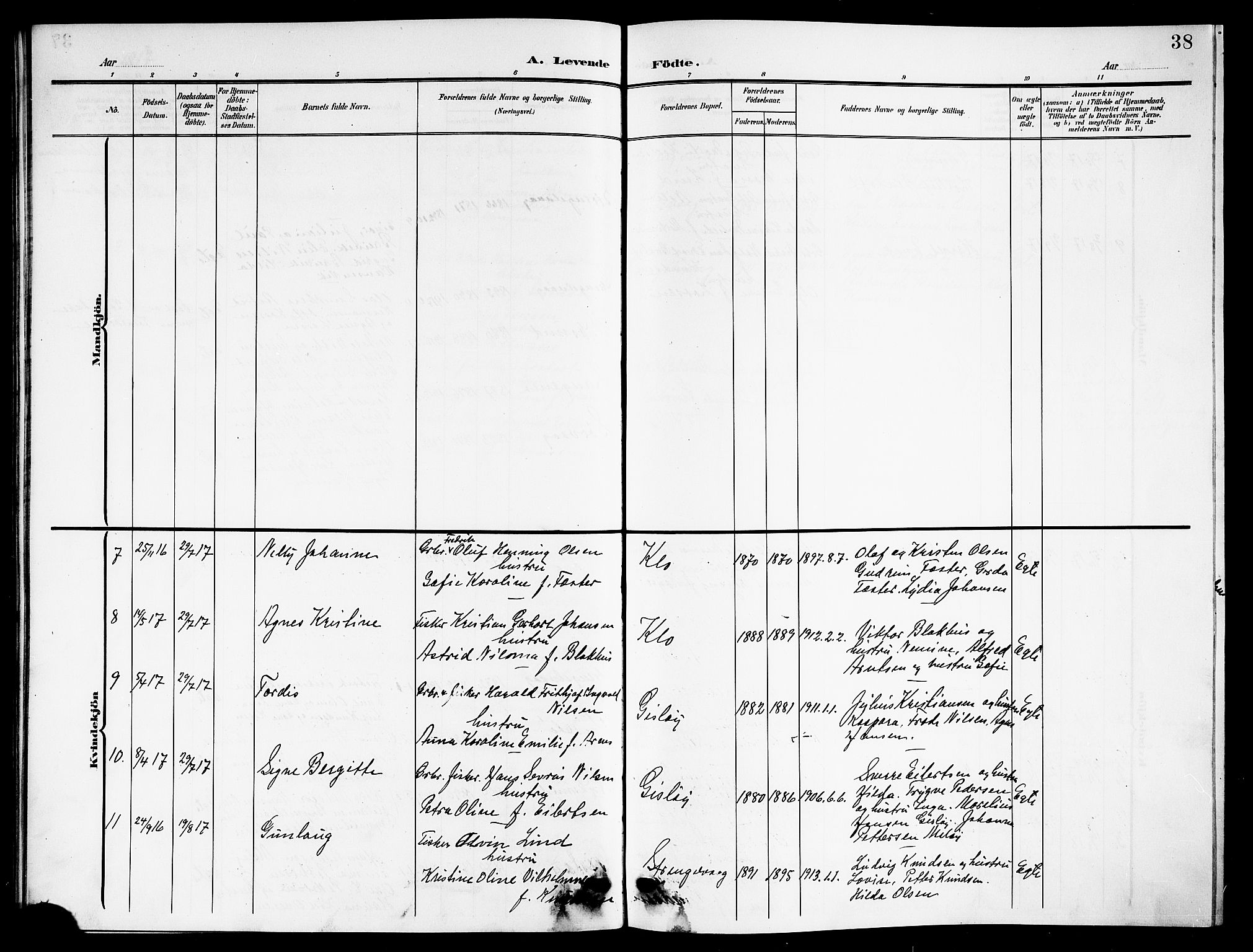 Ministerialprotokoller, klokkerbøker og fødselsregistre - Nordland, AV/SAT-A-1459/894/L1361: Klokkerbok nr. 894C04, 1905-1922, s. 38
