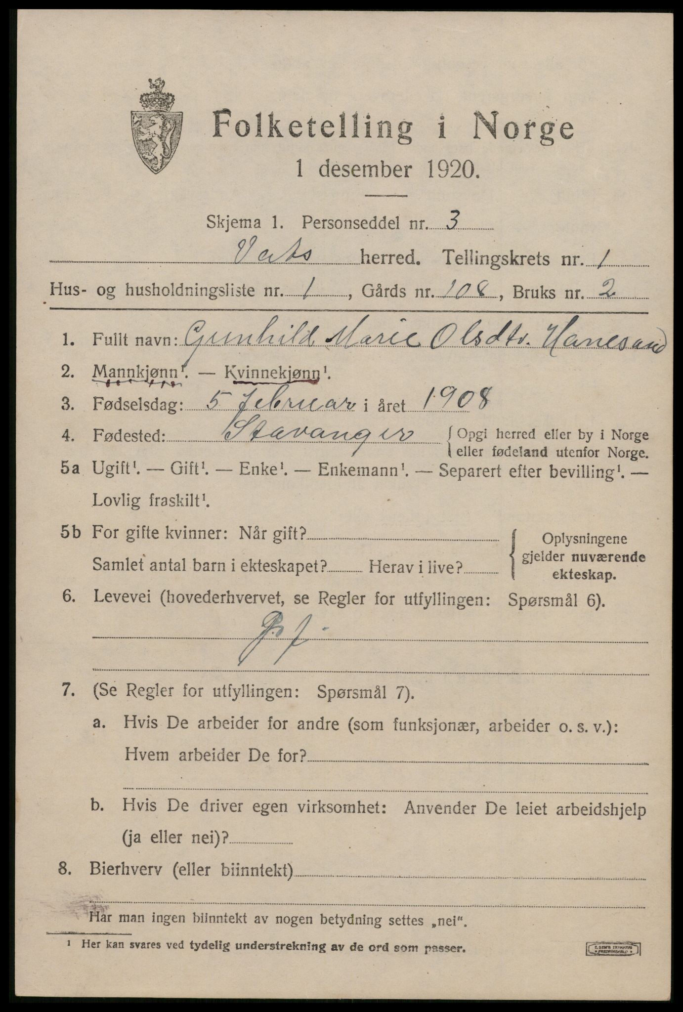 SAST, Folketelling 1920 for 1155 Vats herred, 1920, s. 507