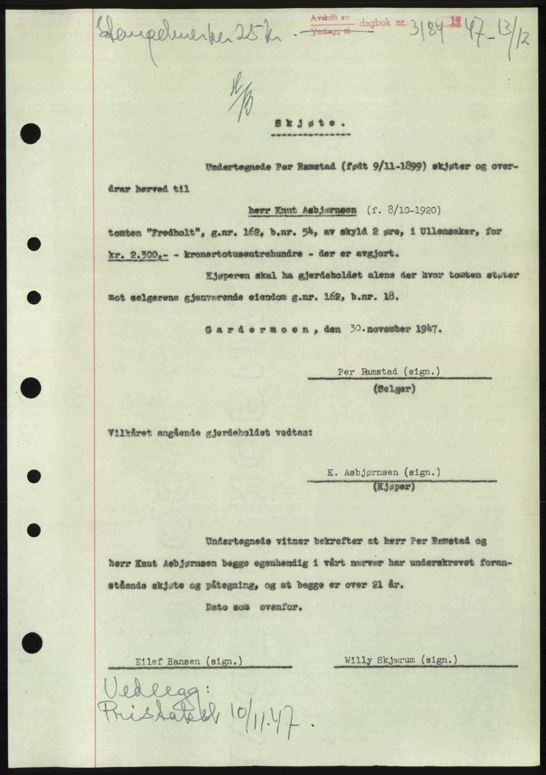 Eidsvoll tingrett, SAO/A-10371/G/Gb/Gbb/L0017: Pantebok nr. A45, 1947-1947, Dagboknr: 3184/1947