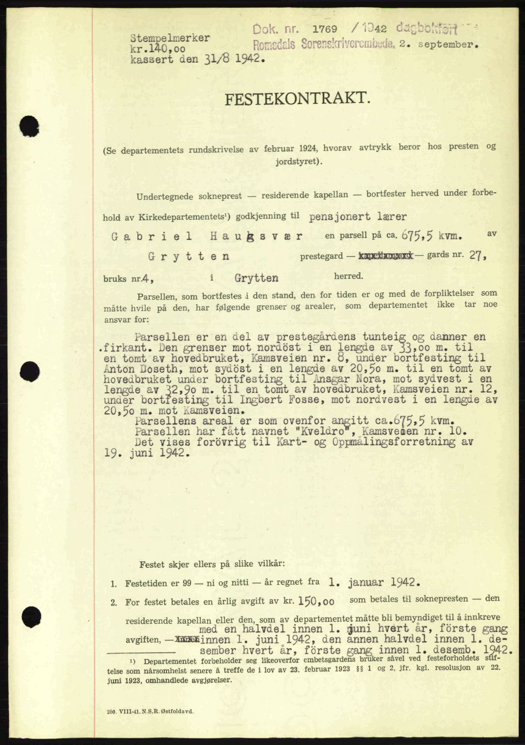 Romsdal sorenskriveri, AV/SAT-A-4149/1/2/2C: Pantebok nr. A12, 1942-1942, Dagboknr: 1769/1942