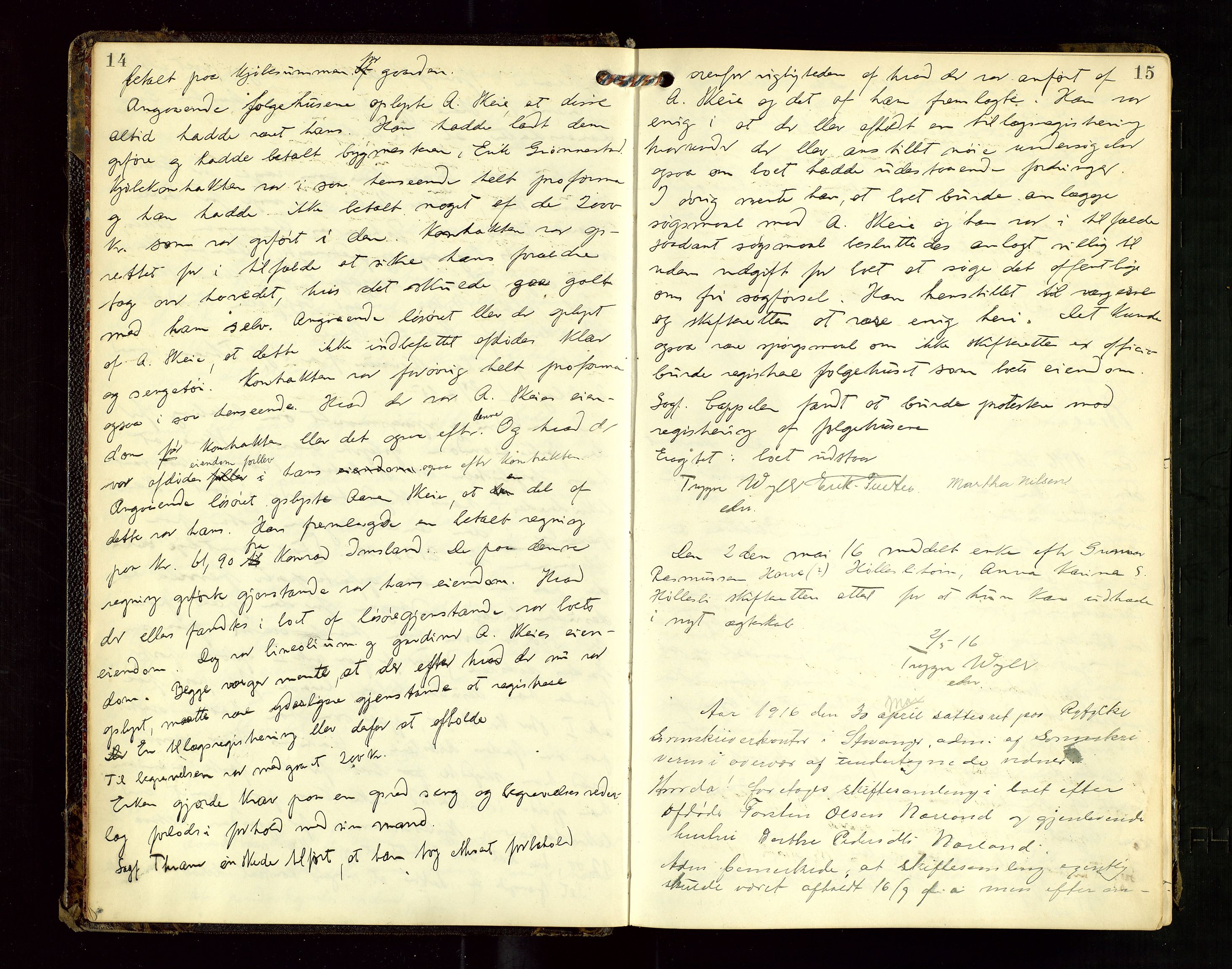Ryfylke tingrett, AV/SAST-A-100055/001/IV/IVF/L0017: Skifteforhandlingsprotokoll, 1915-1923, s. 14-15