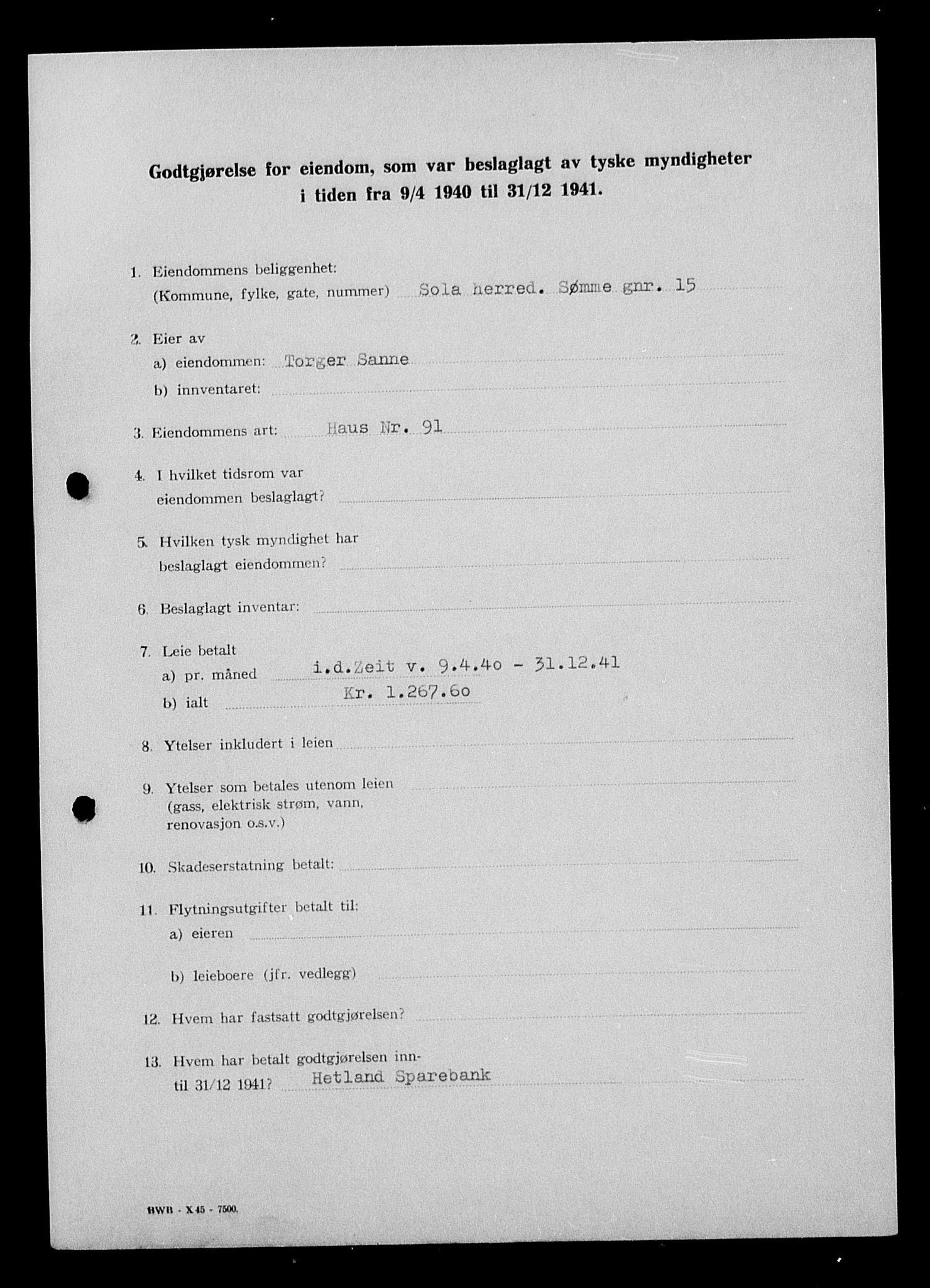 Justisdepartementet, Tilbakeføringskontoret for inndratte formuer, AV/RA-S-1564/I/L1015: Godtgjørelse for beslaglagt eiendom, 1940-1941, s. 148