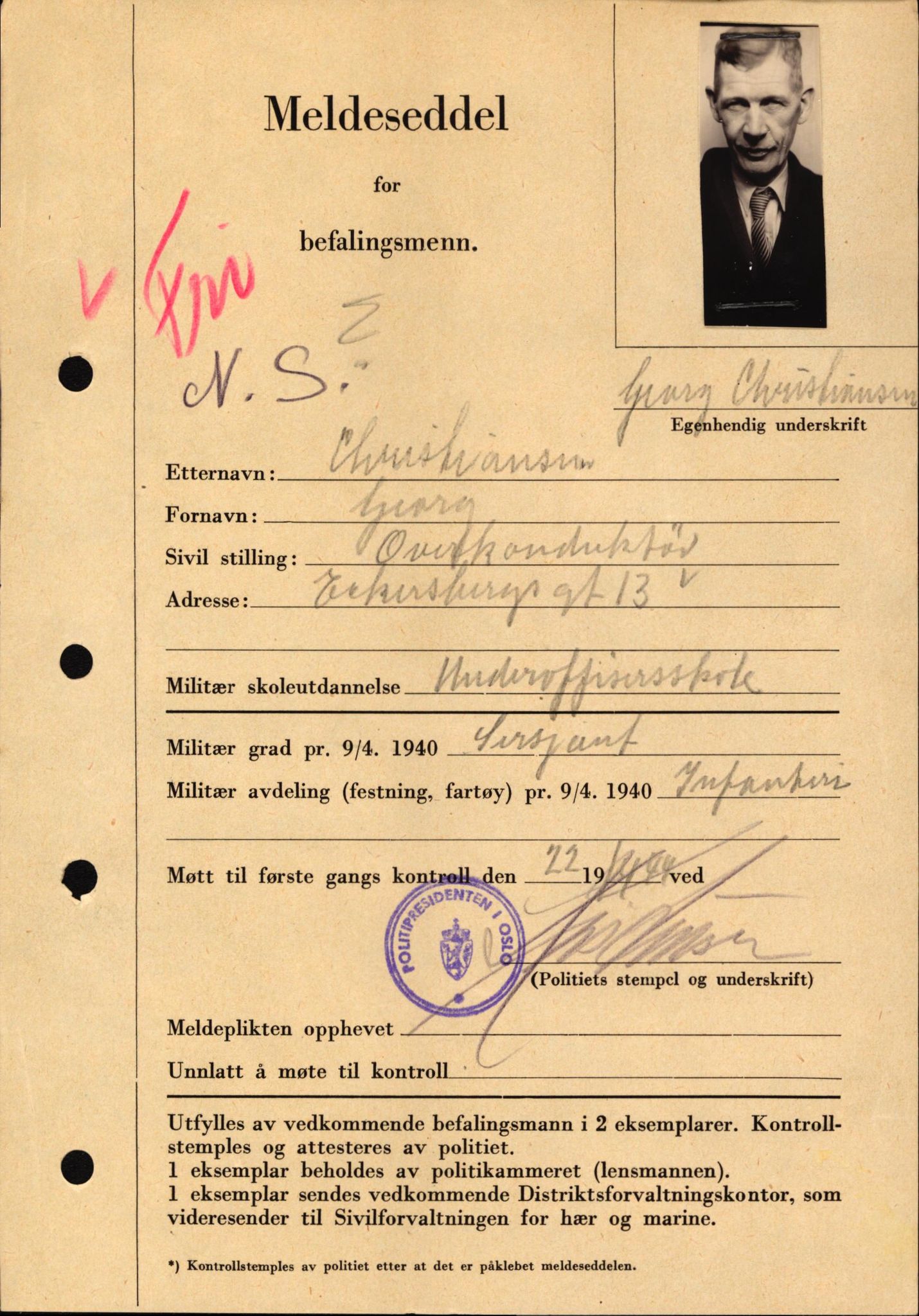Forsvaret, Forsvarets krigshistoriske avdeling, AV/RA-RAFA-2017/Y/Yf/L0208: II-C-11-2121  -  Okkupasjonstiden.  Meldesedler for befal med foto og oppl. om militær grad 9. apr. 1940., 1940-1945, s. 405