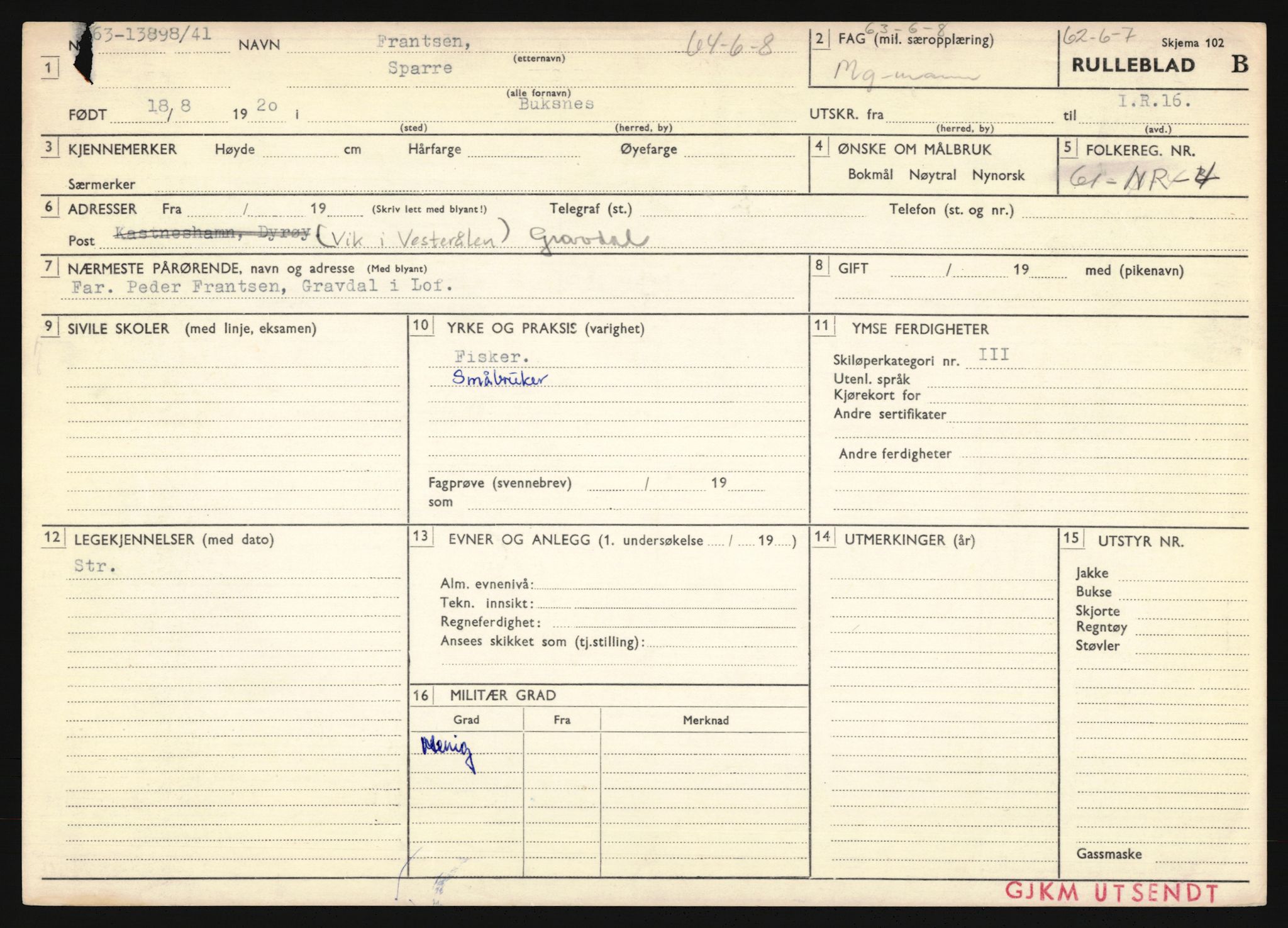 Forsvaret, Troms infanteriregiment nr. 16, AV/RA-RAFA-3146/P/Pa/L0024/0002: Rulleblad / Rulleblad for regimentets menige mannskaper, årsklasse 1941, 1941, s. 74