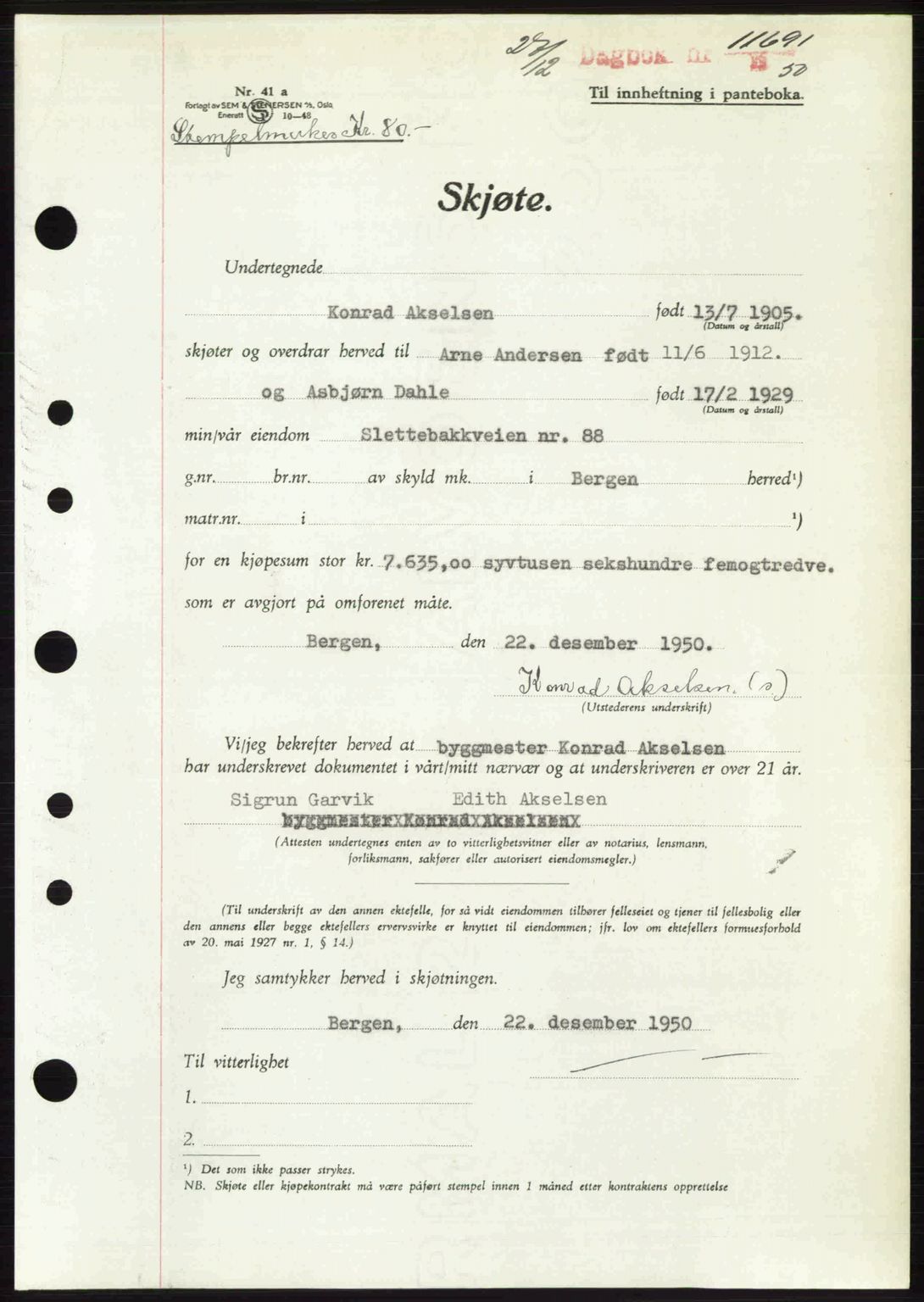 Byfogd og Byskriver i Bergen, SAB/A-3401/03/03Bc/L0034: Pantebok nr. A27-28, 1950-1950, Dagboknr: 11691/1950
