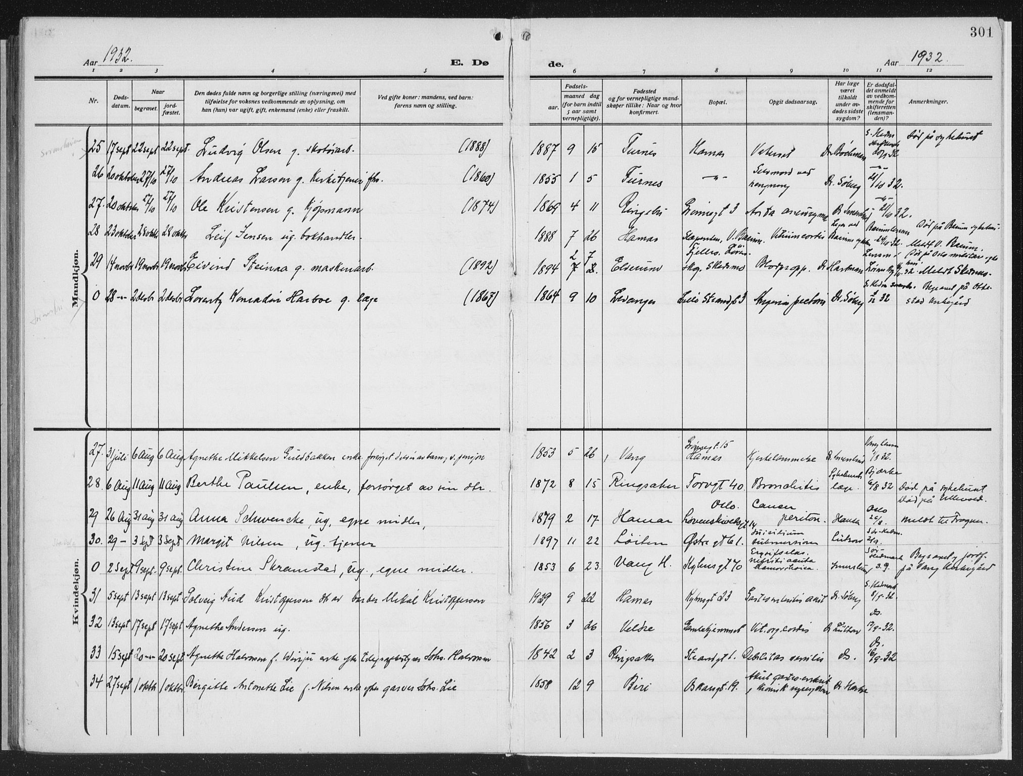 Hamar prestekontor, AV/SAH-DOMPH-002/H/Ha/Haa/L0002: Ministerialbok nr. 2, 1915-1936, s. 301