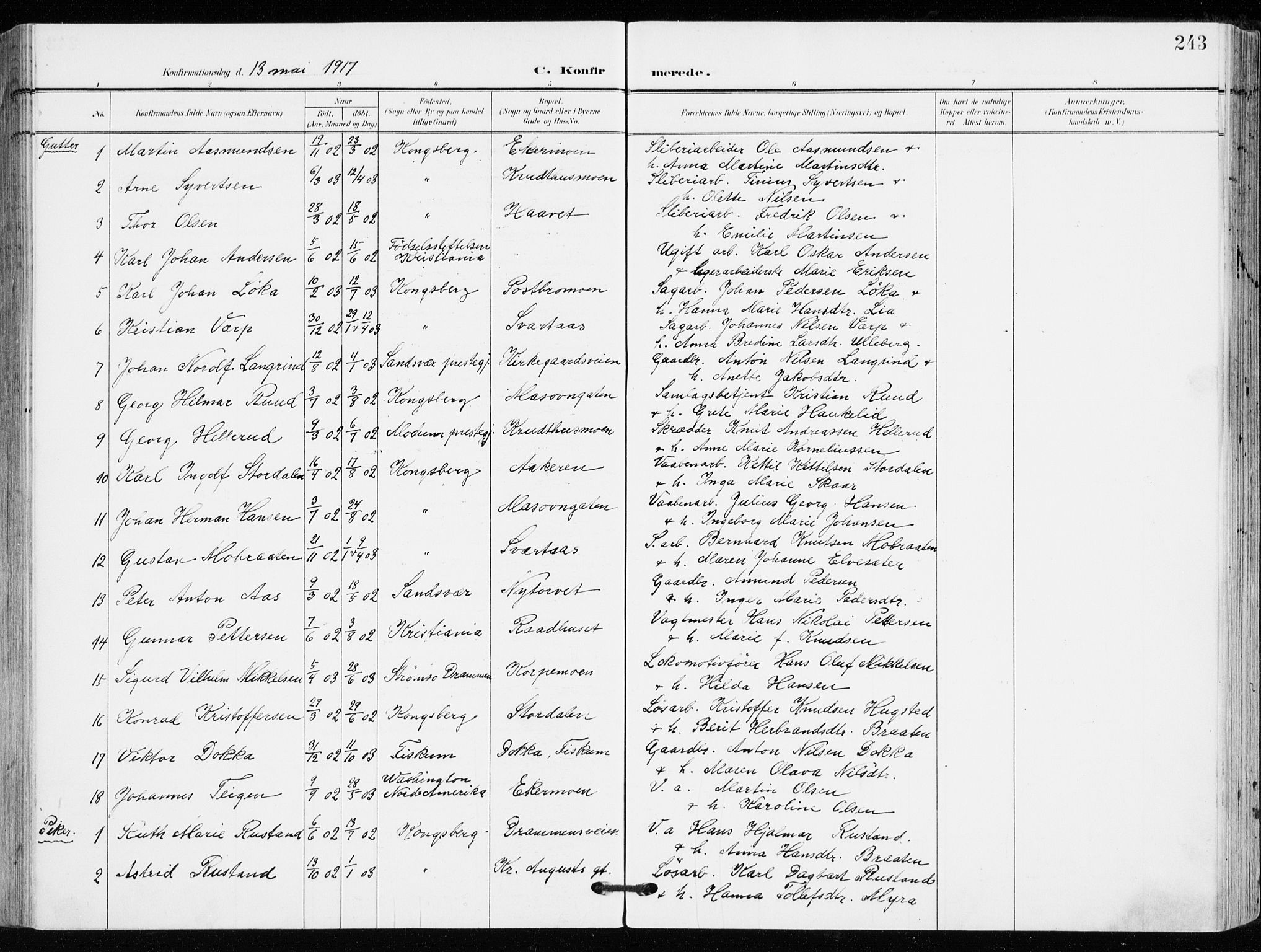 Kongsberg kirkebøker, AV/SAKO-A-22/F/Fb/L0004: Ministerialbok nr. II 4, 1906-1918, s. 243
