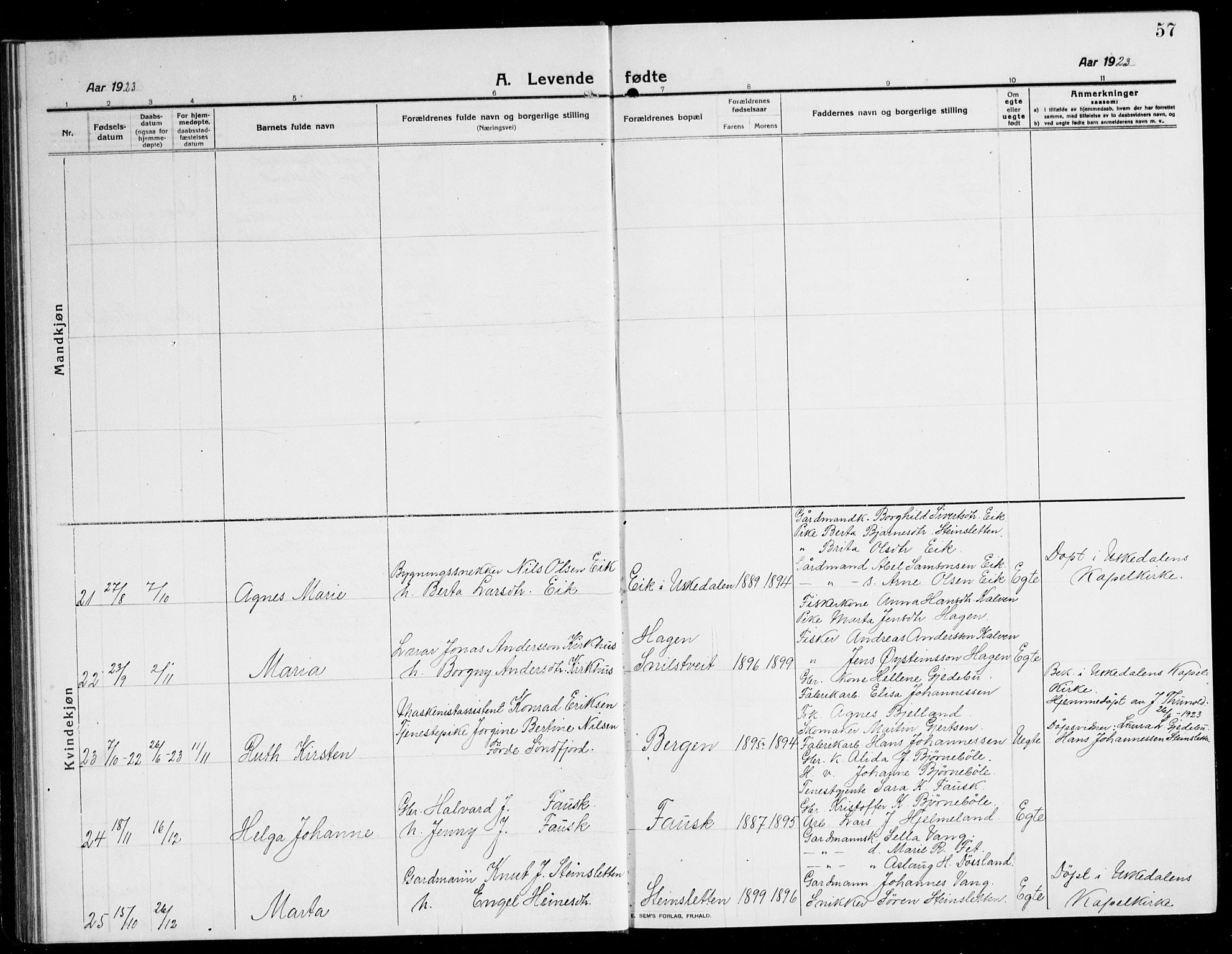 Kvinnherad sokneprestembete, AV/SAB-A-76401/H/Hab: Klokkerbok nr. A 3, 1911-1945, s. 57