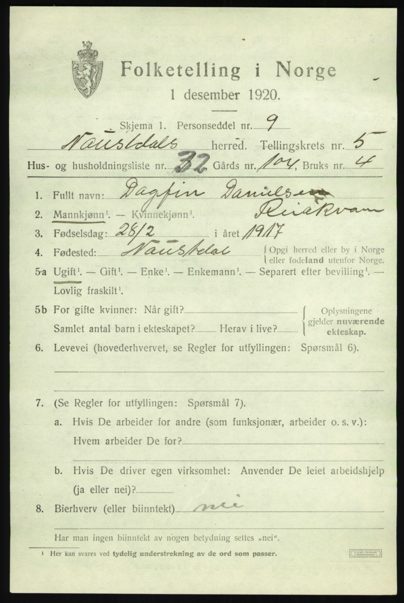 SAB, Folketelling 1920 for 1433 Naustdal herred, 1920, s. 3447