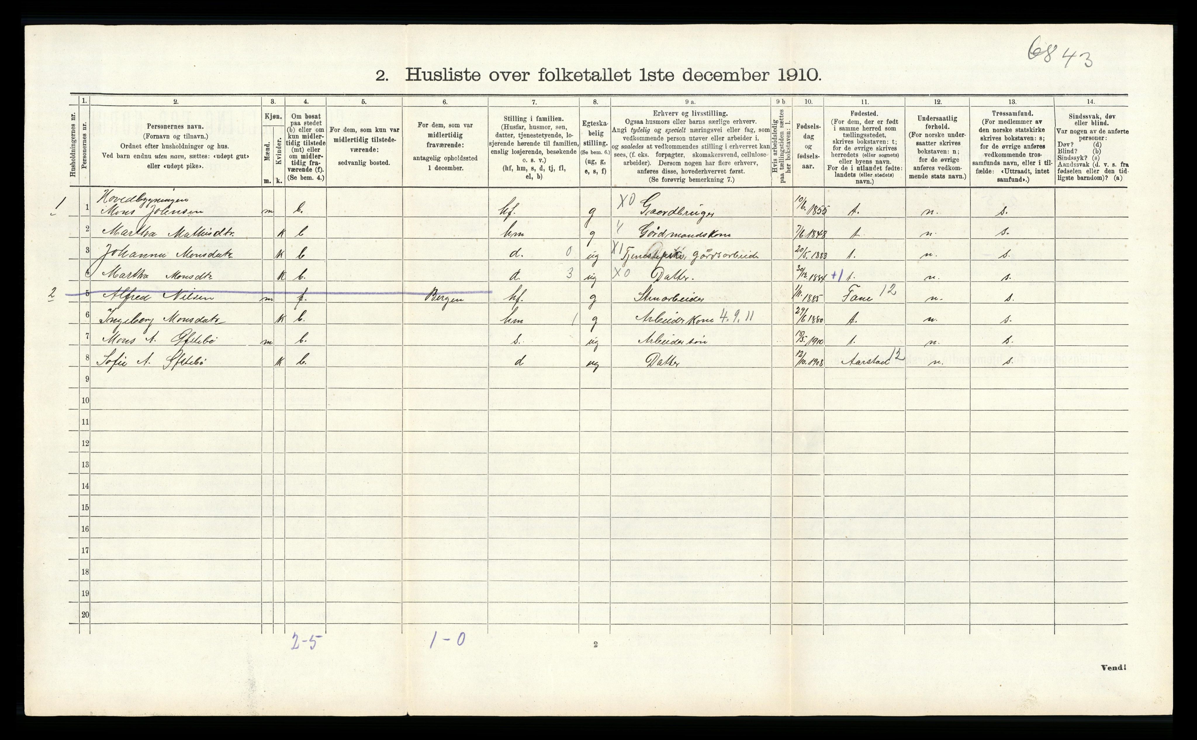 RA, Folketelling 1910 for 1250 Haus herred, 1910, s. 1225