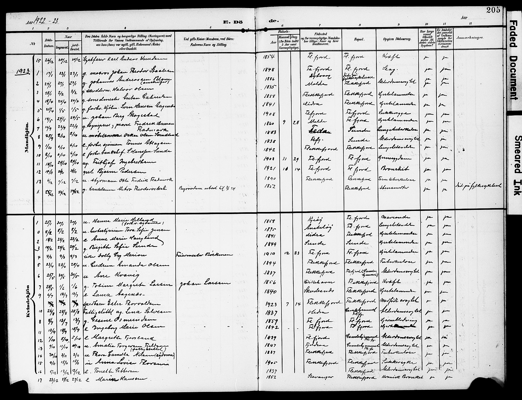 Flekkefjord sokneprestkontor, AV/SAK-1111-0012/F/Fb/Fba/L0001: Klokkerbok nr. B 1, 1903-1931, s. 205