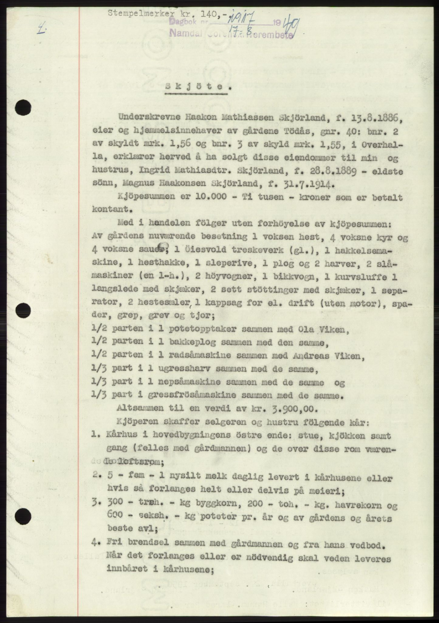Namdal sorenskriveri, SAT/A-4133/1/2/2C: Pantebok nr. -, 1949-1949, Dagboknr: 1917/1949