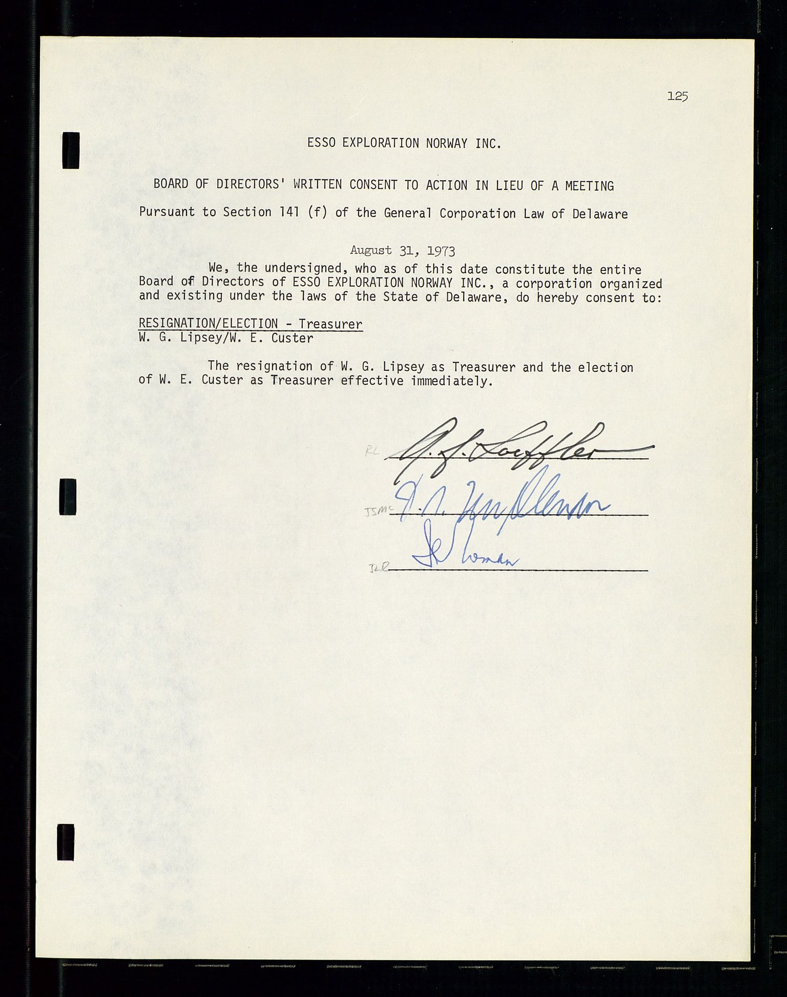 Pa 1512 - Esso Exploration and Production Norway Inc., SAST/A-101917/A/Aa/L0001/0001: Styredokumenter / Corporate records, By-Laws, Board meeting minutes, Incorporations, 1965-1975, s. 125