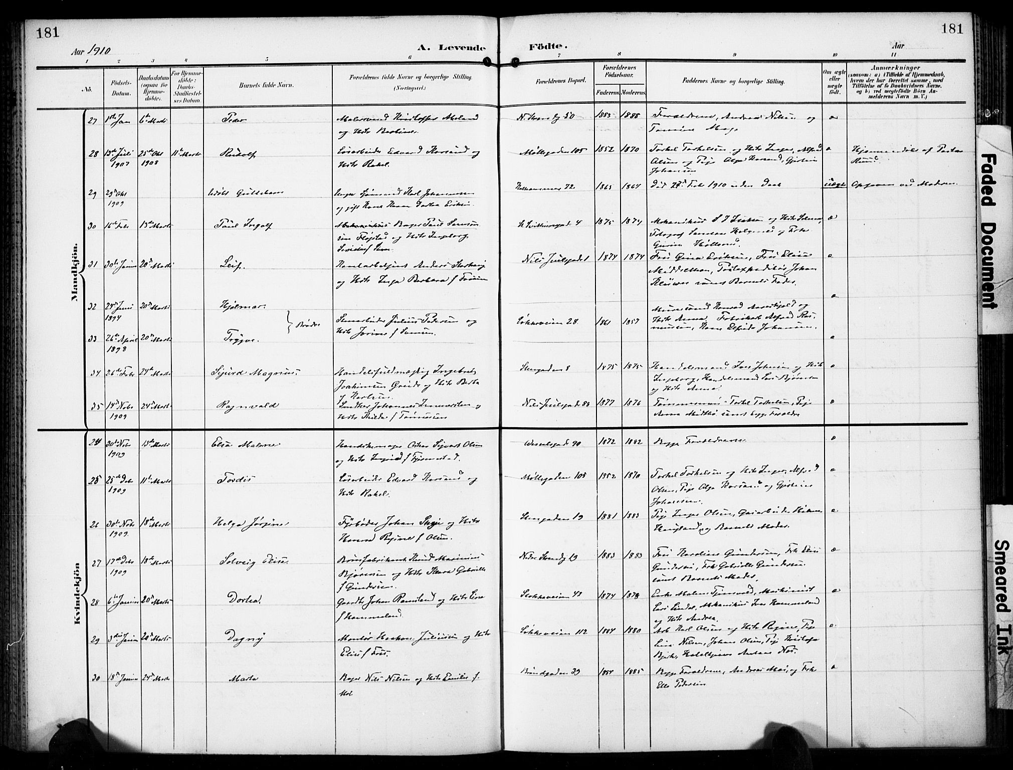 Domkirken sokneprestkontor, AV/SAST-A-101812/001/30/30BB/L0018: Klokkerbok nr. B 18, 1903-1915, s. 181