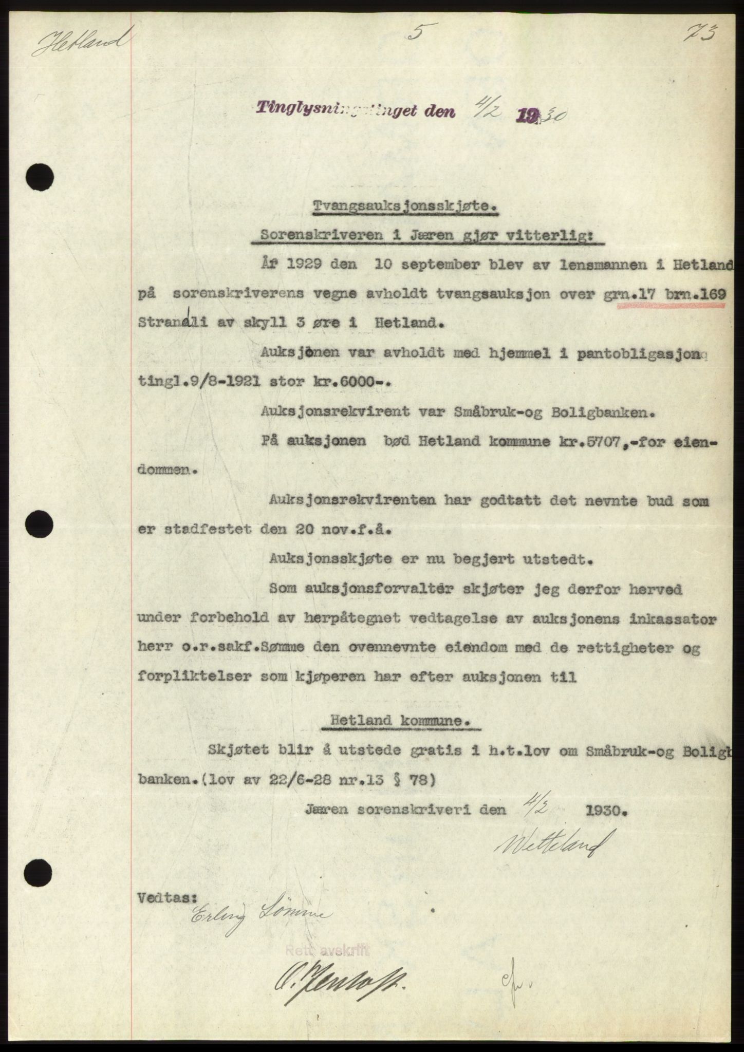 Jæren sorenskriveri, SAST/A-100310/03/G/Gba/L0057: Pantebok nr. 52, 1930-1930, Tingl.dato: 04.02.1930