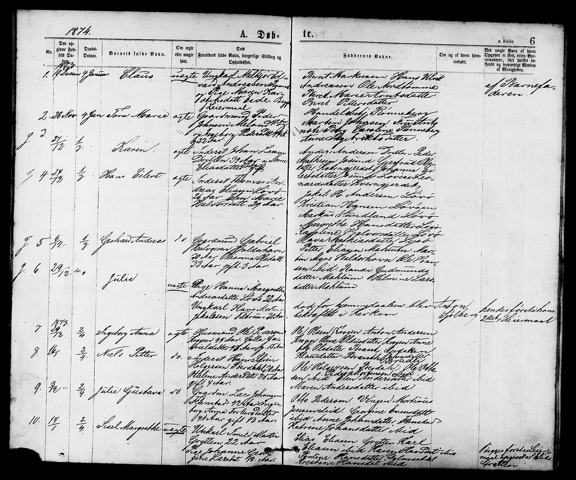 Ministerialprotokoller, klokkerbøker og fødselsregistre - Sør-Trøndelag, AV/SAT-A-1456/655/L0679: Ministerialbok nr. 655A08, 1873-1879, s. 6