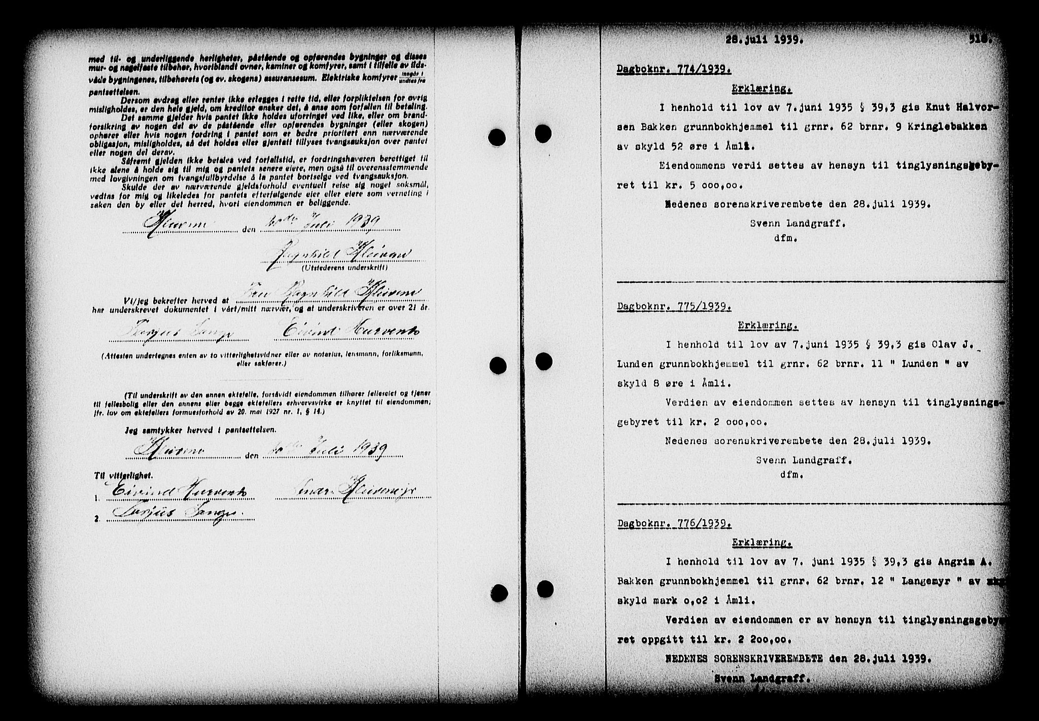 Nedenes sorenskriveri, SAK/1221-0006/G/Gb/Gba/L0046: Pantebok nr. 42, 1938-1939, Dagboknr: 774/1939