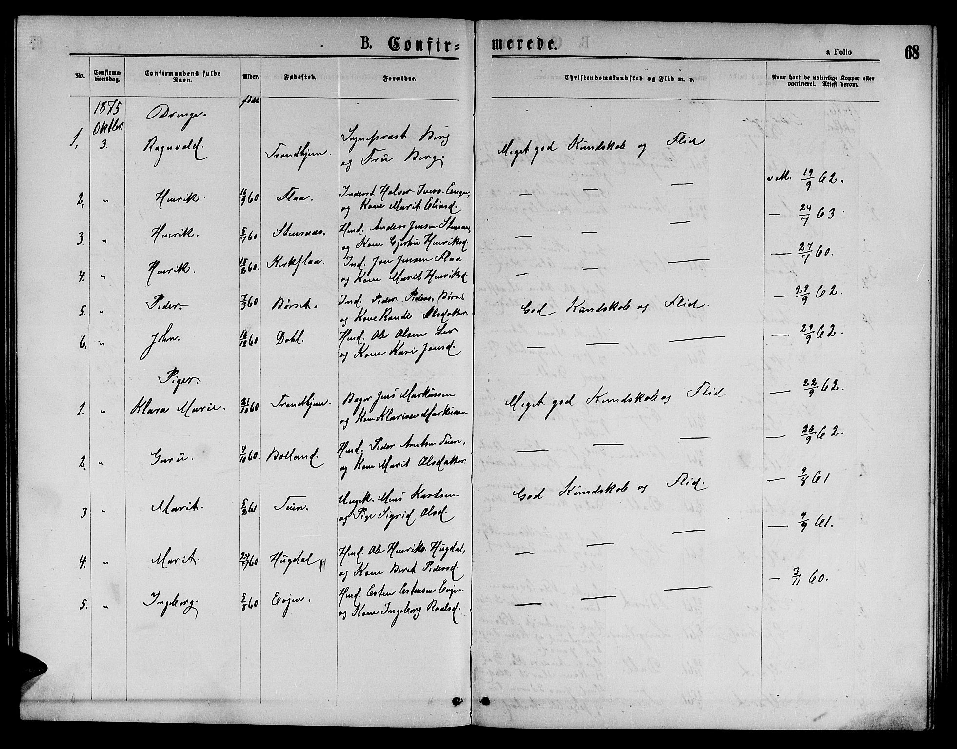 Ministerialprotokoller, klokkerbøker og fødselsregistre - Sør-Trøndelag, SAT/A-1456/693/L1122: Klokkerbok nr. 693C03, 1870-1886, s. 68