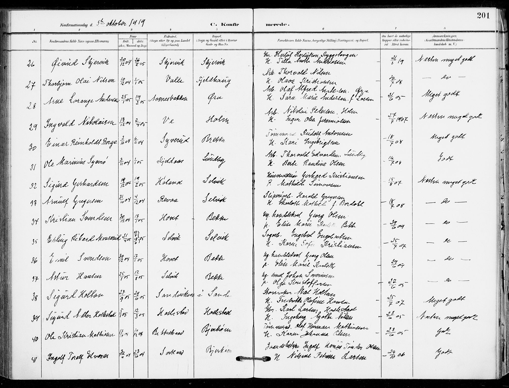 Sande Kirkebøker, AV/SAKO-A-53/F/Fa/L0008: Ministerialbok nr. 8, 1904-1921, s. 201