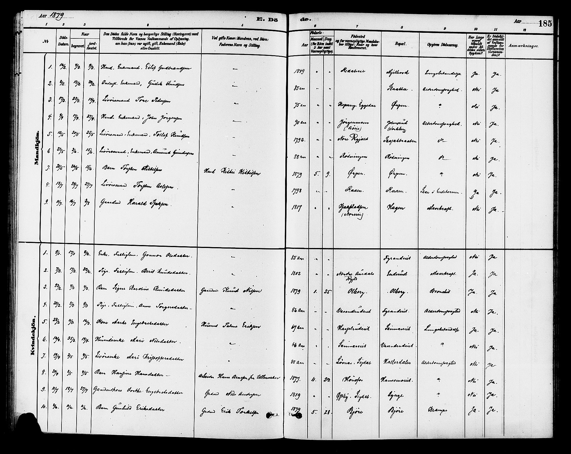 Krødsherad kirkebøker, AV/SAKO-A-19/G/Ga/L0001: Klokkerbok nr. 1, 1879-1893, s. 185