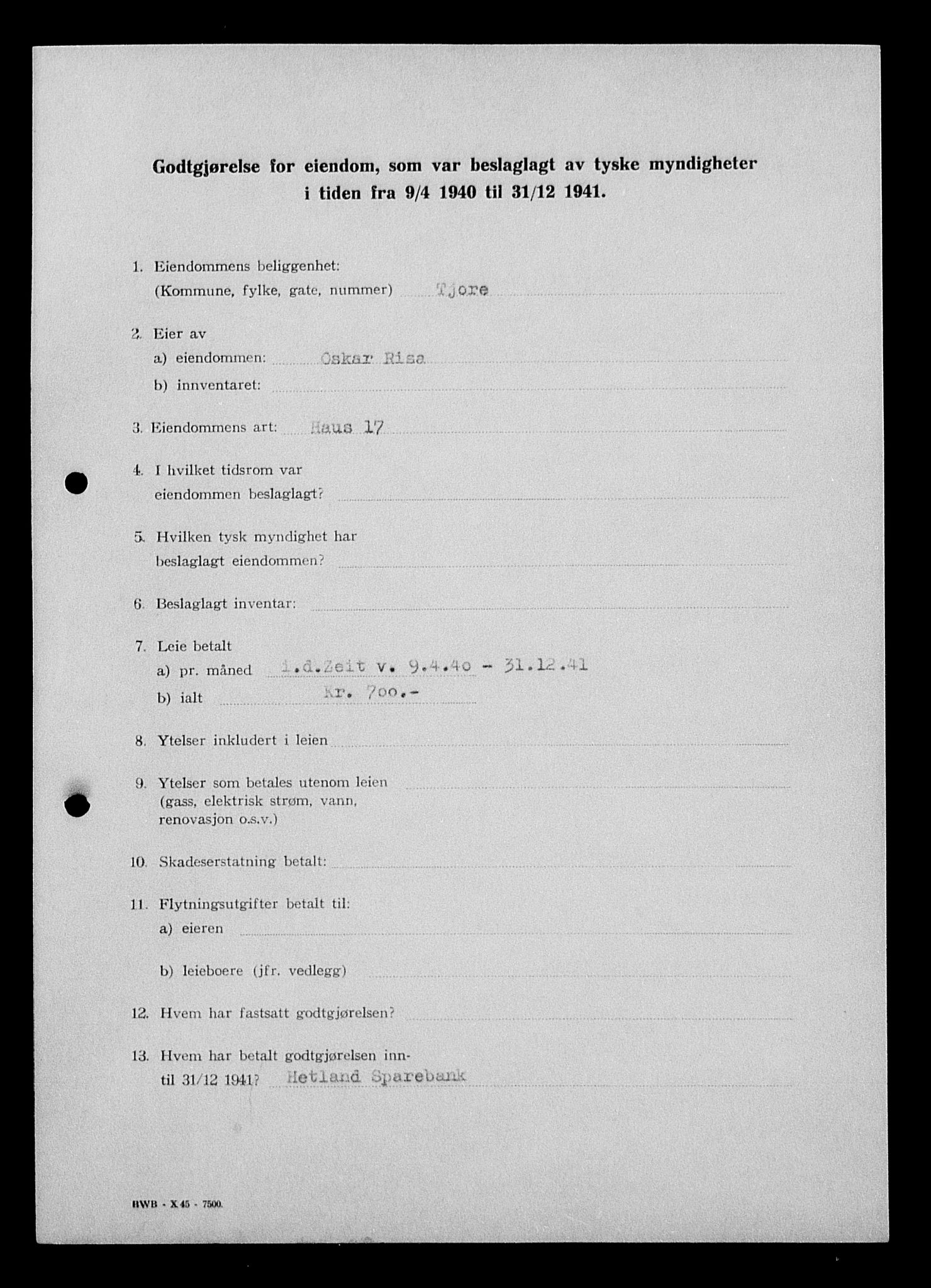 Justisdepartementet, Tilbakeføringskontoret for inndratte formuer, AV/RA-S-1564/I/L1015: Godtgjørelse for beslaglagt eiendom, 1940-1941, s. 107