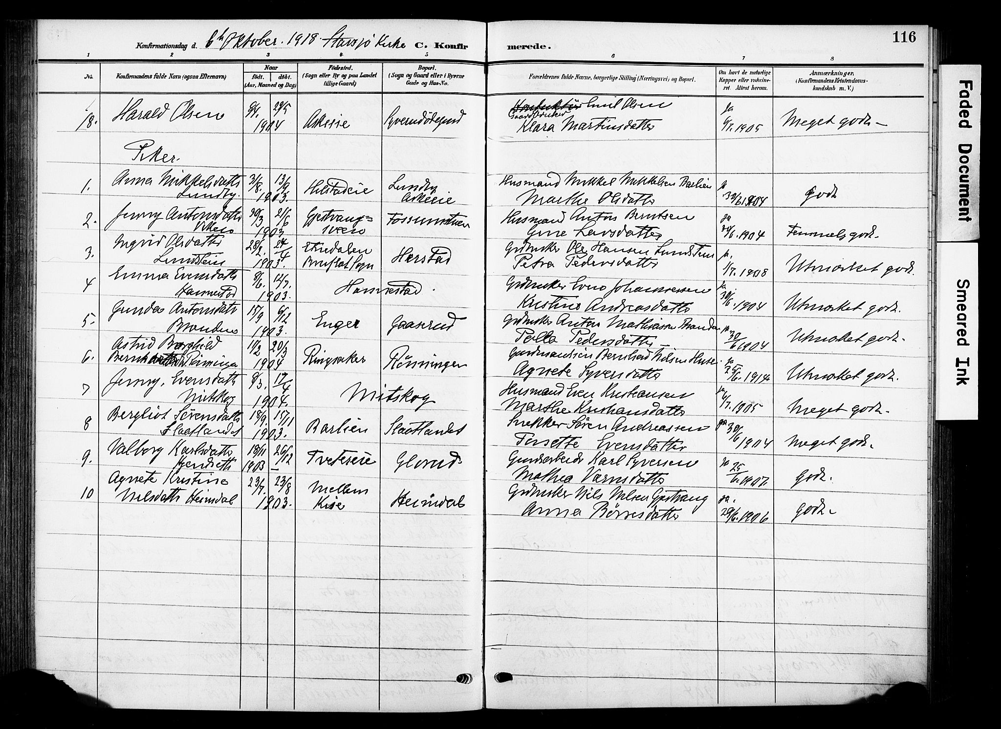 Nes prestekontor, Hedmark, AV/SAH-PREST-020/K/Ka/L0013: Ministerialbok nr. 13, 1906-1924, s. 116