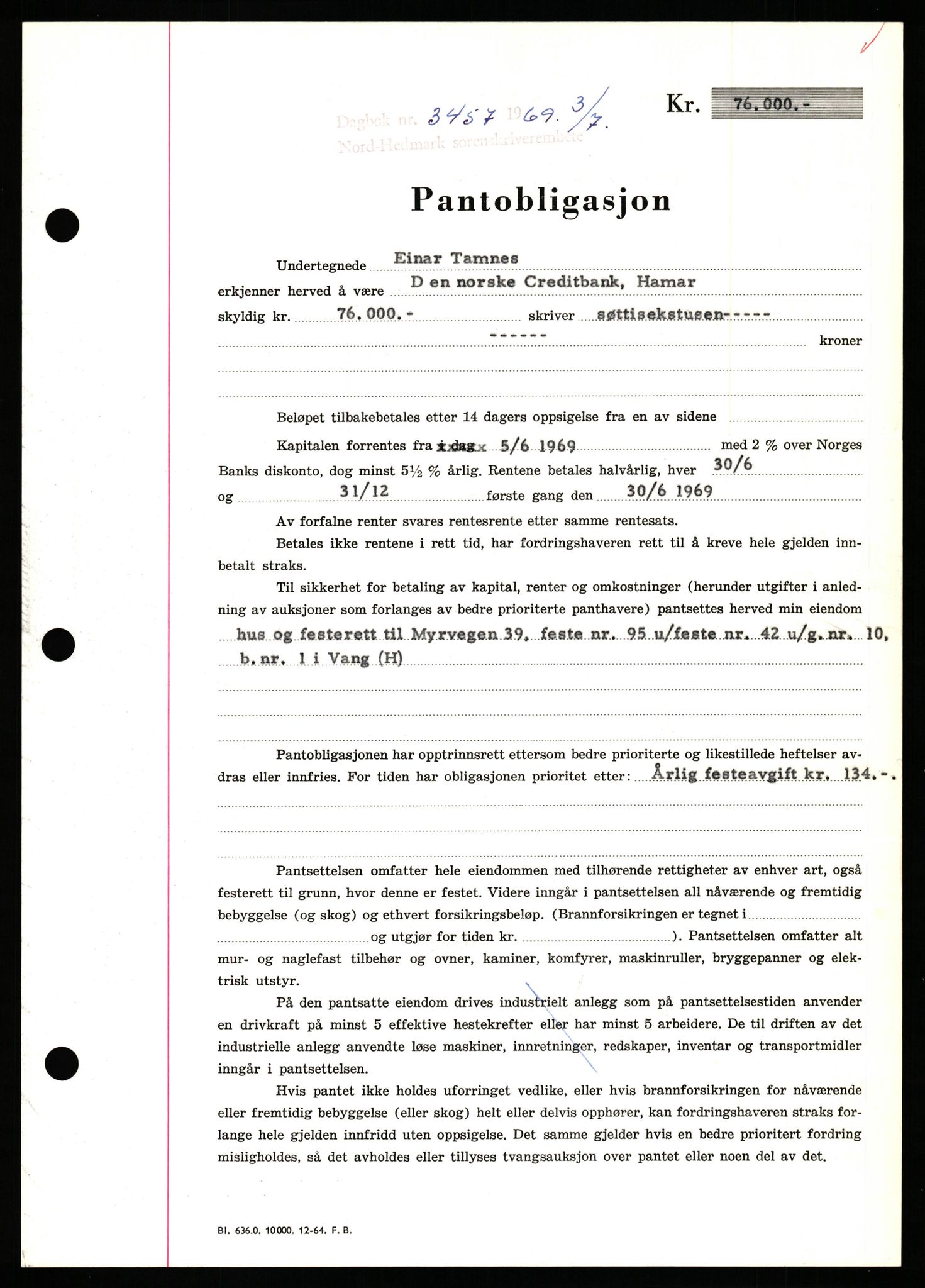 Nord-Hedmark sorenskriveri, SAH/TING-012/H/Hb/Hbf/L0080: Pantebok nr. B80, 1969-1969, Dagboknr: 3457/1969