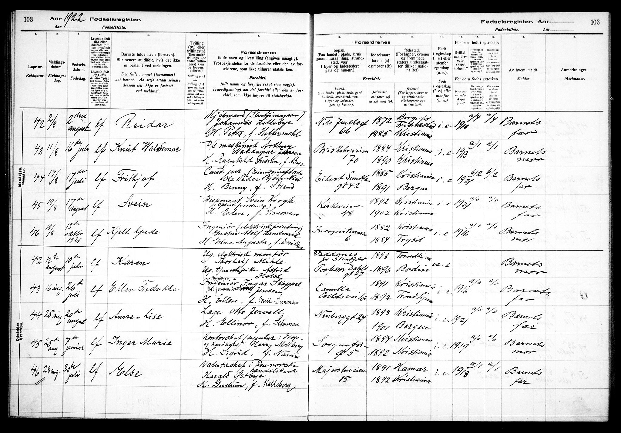 Uranienborg prestekontor Kirkebøker, AV/SAO-A-10877/J/Ja/L0001: Fødselsregister nr. 1, 1916-1930, s. 103