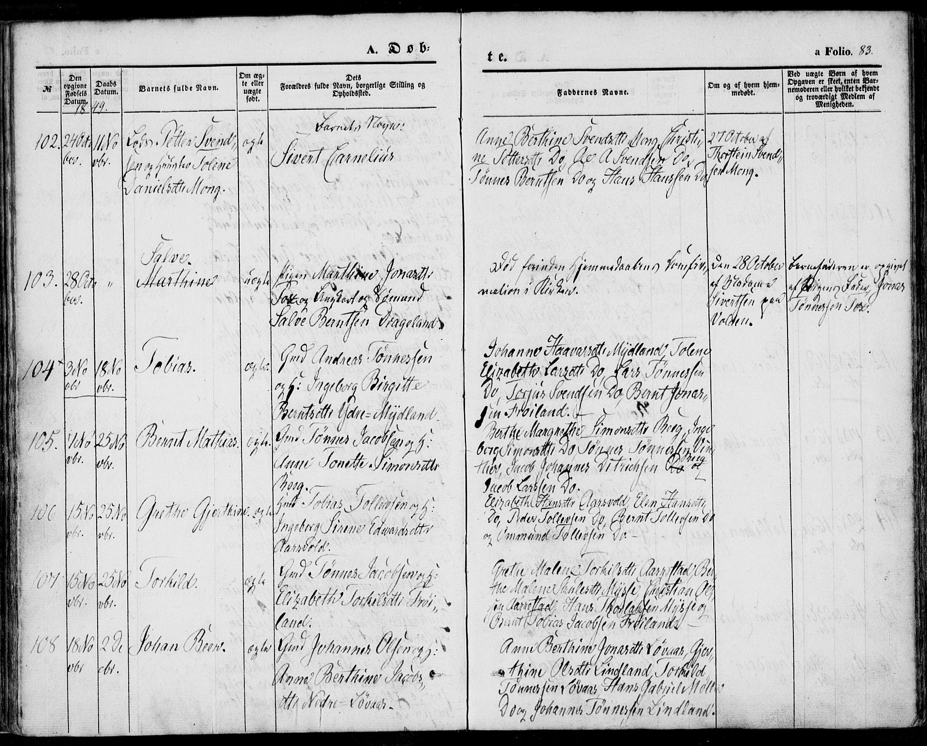 Sokndal sokneprestkontor, AV/SAST-A-101808: Ministerialbok nr. A 8.1, 1842-1857, s. 83