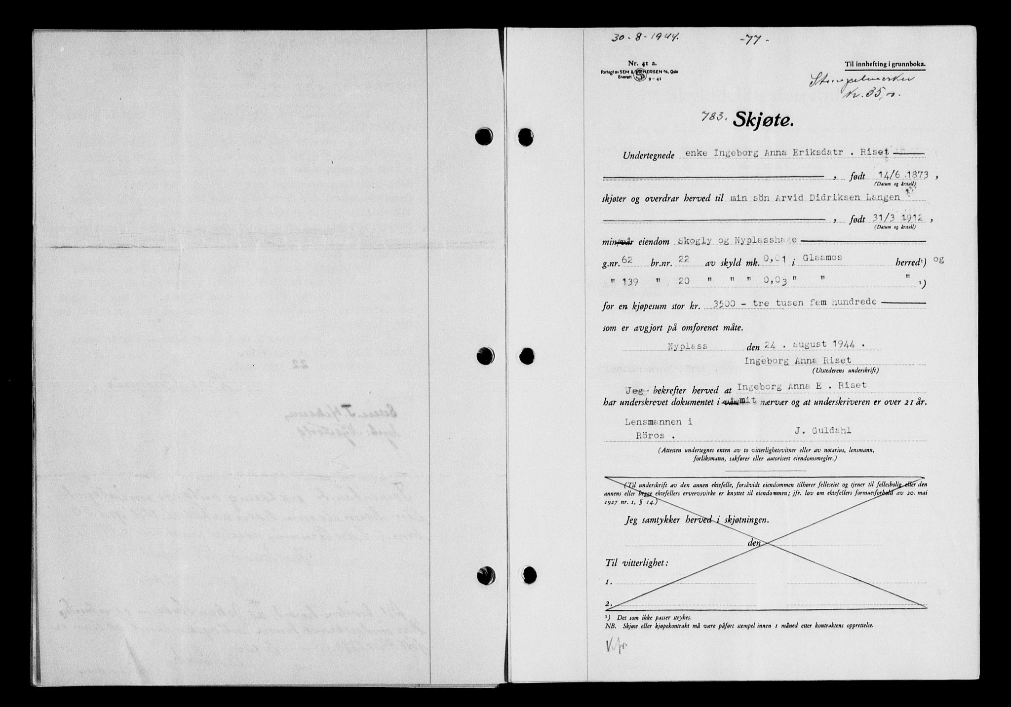 Gauldal sorenskriveri, SAT/A-0014/1/2/2C/L0058: Pantebok nr. 63, 1944-1945, Dagboknr: 783/1944
