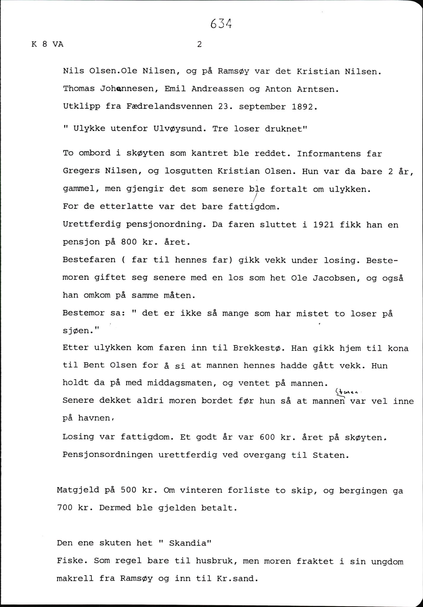 Hartvig W. Dannevig, AV/SAK-D/0508/F/Fb/L0012D: Katalog og sammendrag over Hartvig Dannevigs samling av intervjuer om kystkultur på Agder, 1964-1972, s. 634