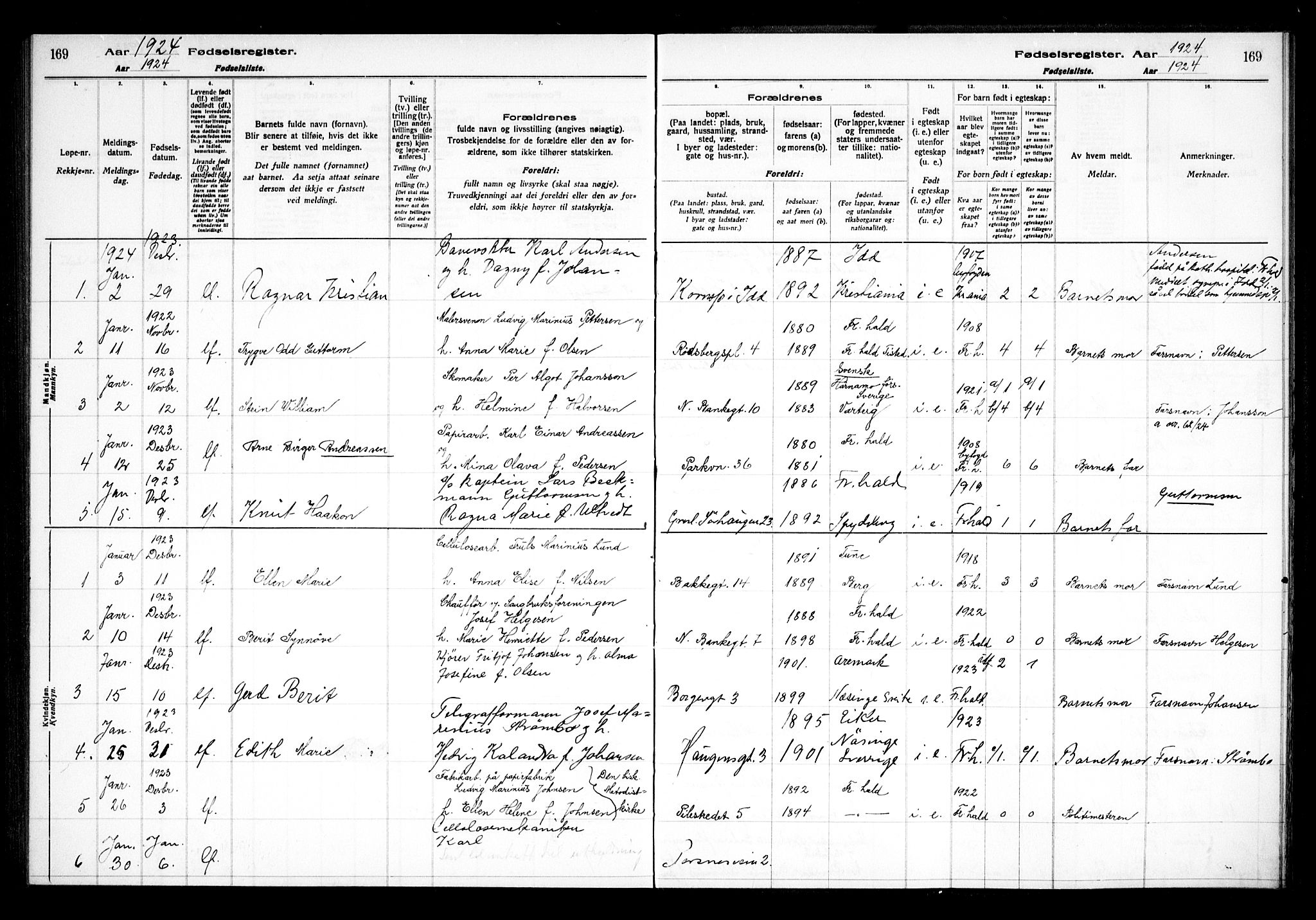 Halden prestekontor Kirkebøker, AV/SAO-A-10909/J/Ja/L0001: Fødselsregister nr. I 1, 1916-1925, s. 169