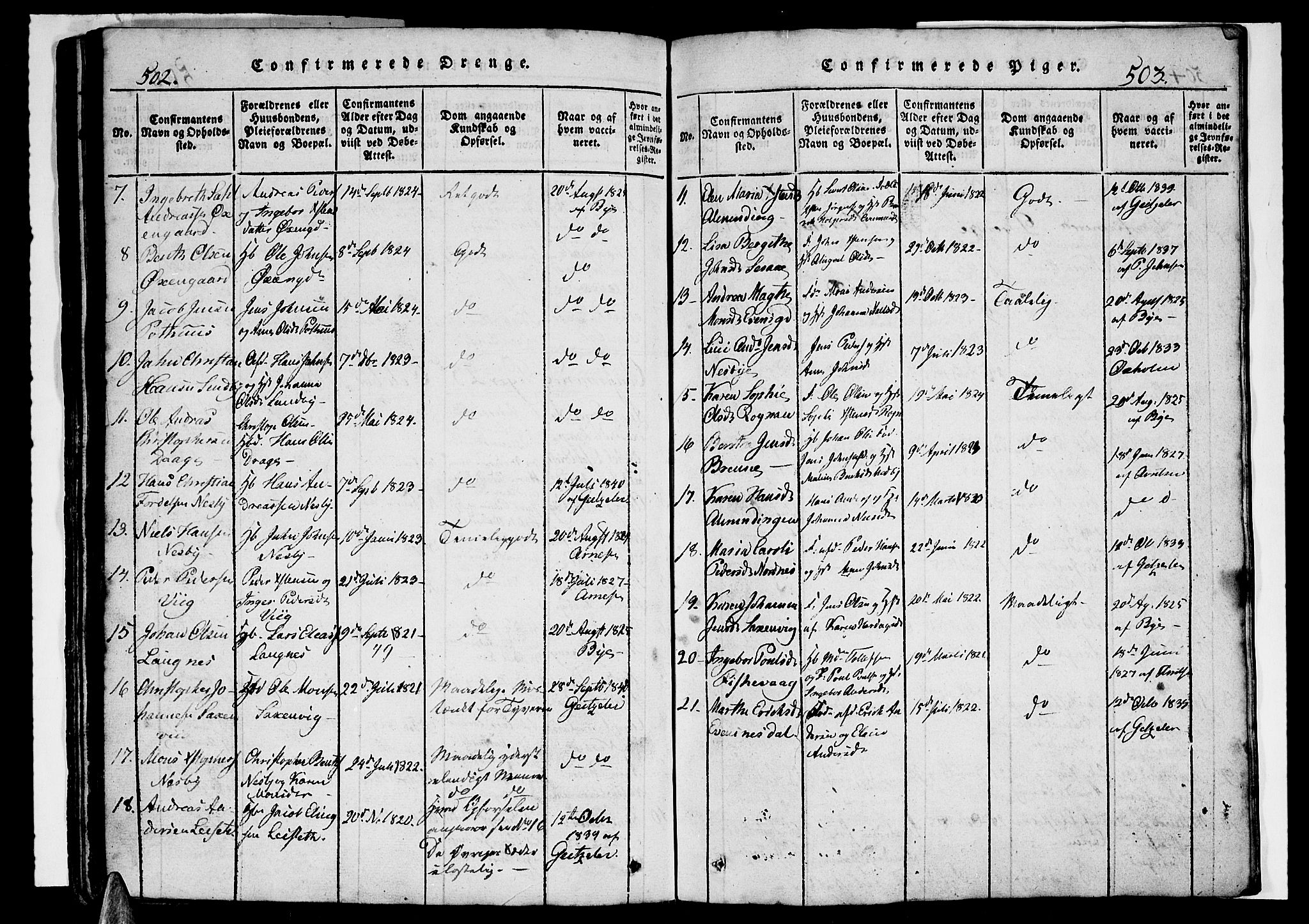 Ministerialprotokoller, klokkerbøker og fødselsregistre - Nordland, AV/SAT-A-1459/847/L0676: Klokkerbok nr. 847C04, 1821-1853, s. 502-503