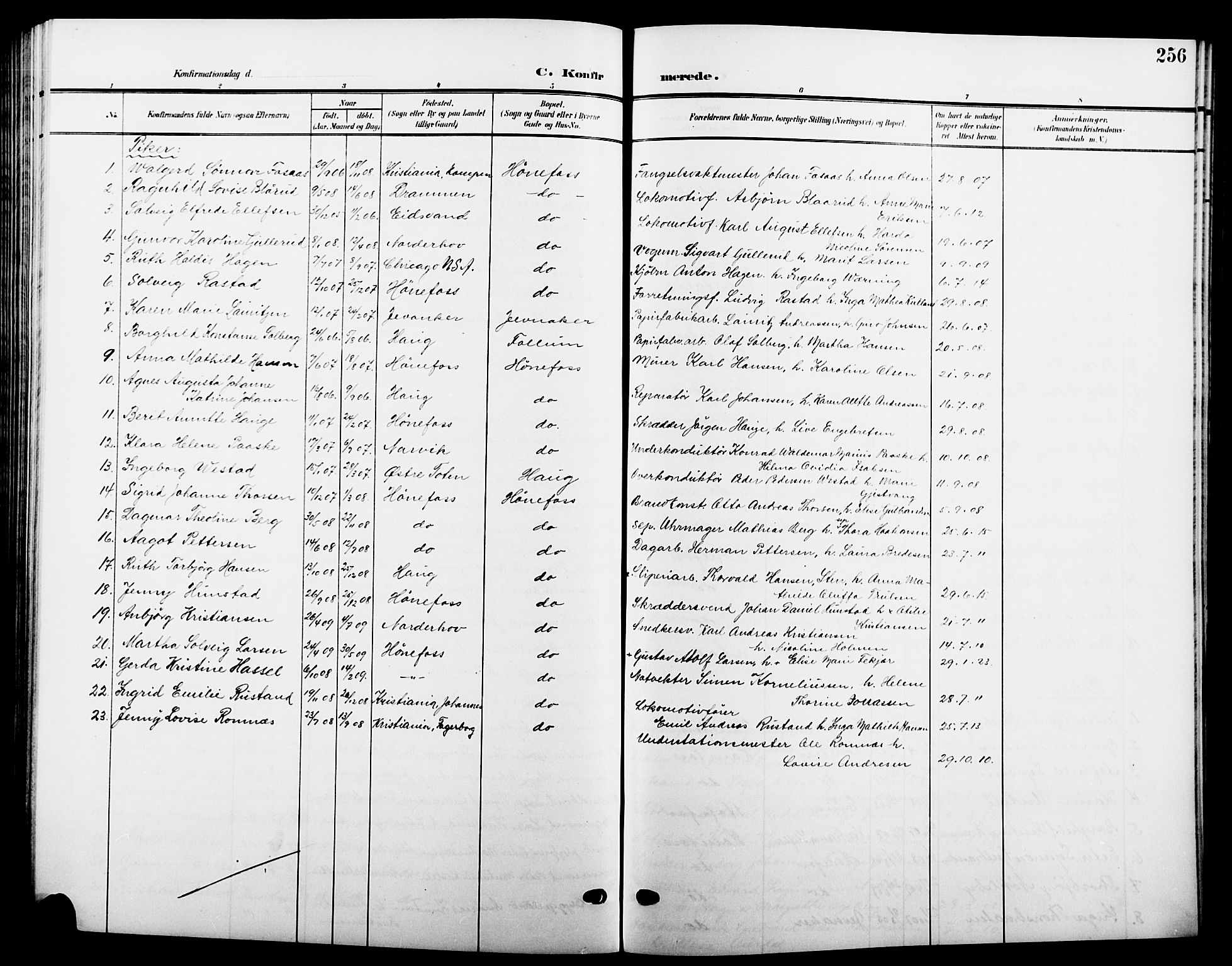 Hønefoss kirkebøker, AV/SAKO-A-609/G/Ga/L0003: Klokkerbok nr. 3, 1905-1925, s. 256