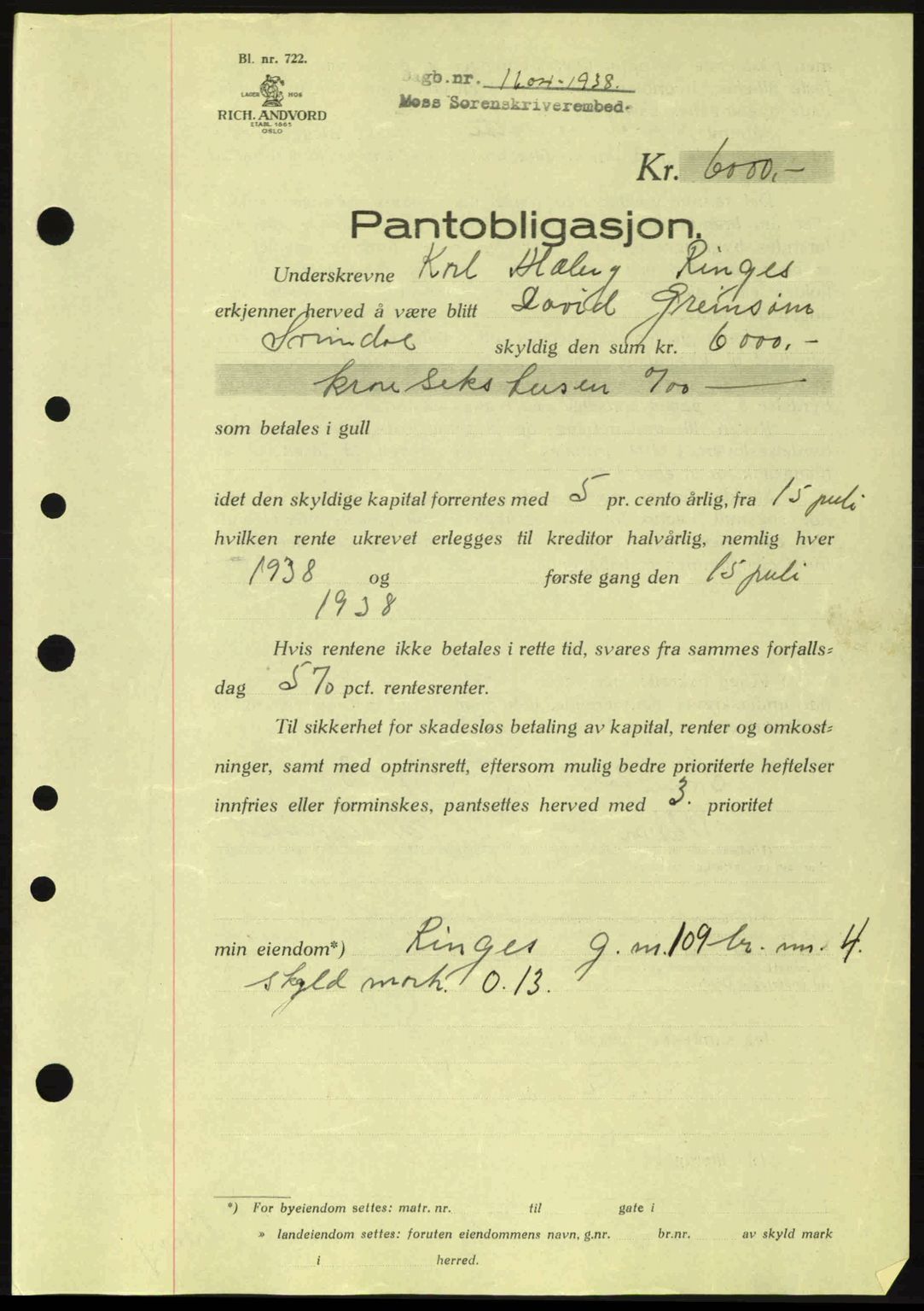 Moss sorenskriveri, SAO/A-10168: Pantebok nr. B6, 1938-1938, Dagboknr: 1604/1938