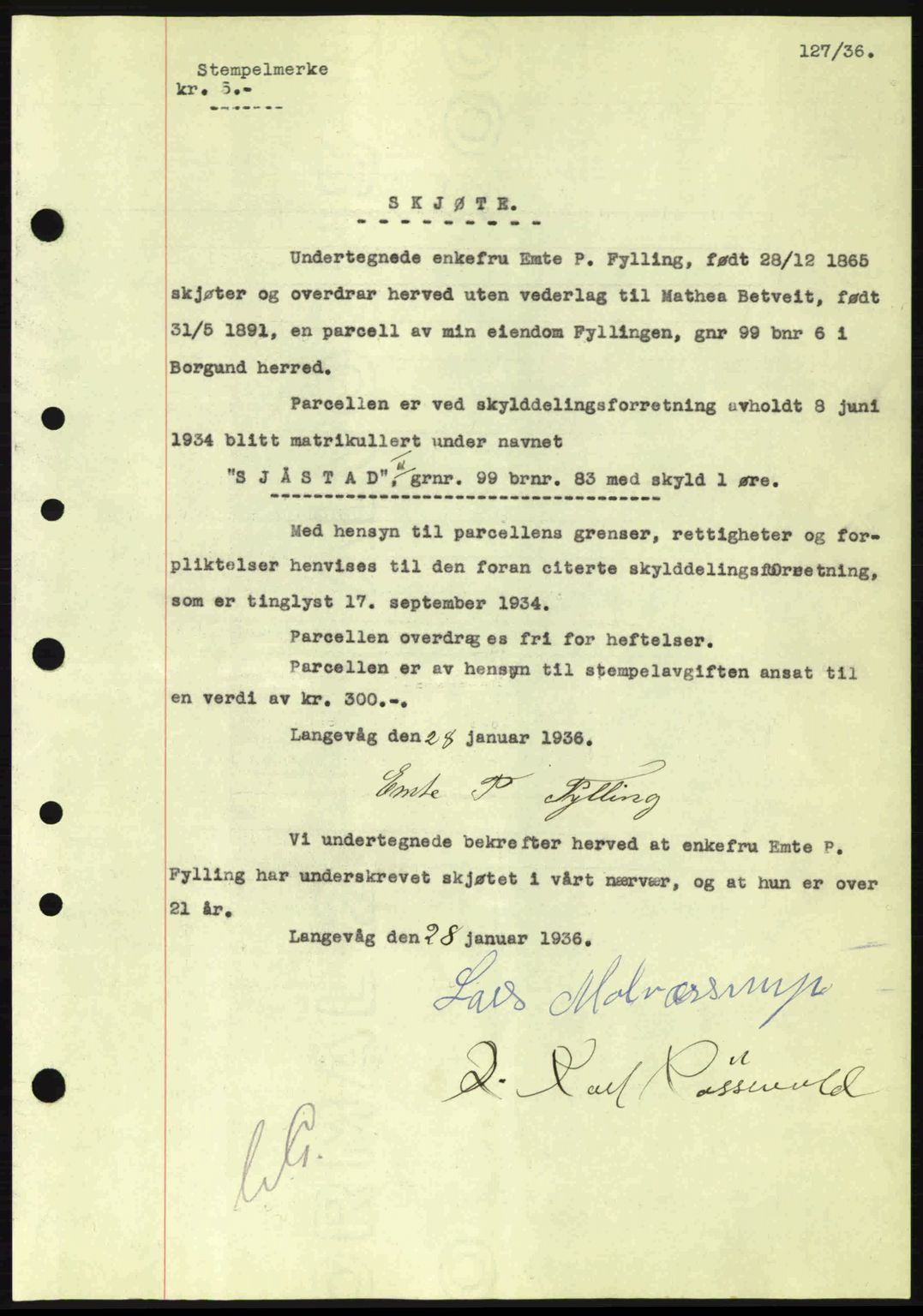 Nordre Sunnmøre sorenskriveri, AV/SAT-A-0006/1/2/2C/2Ca: Pantebok nr. A1, 1936-1936, Dagboknr: 127/1936