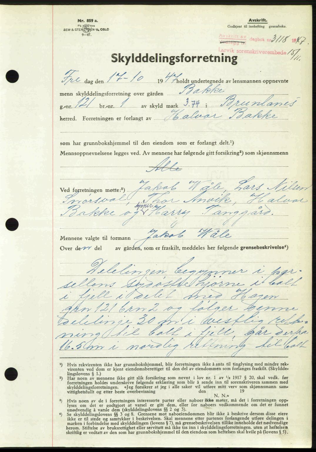 Larvik sorenskriveri, SAKO/A-83/G/Ga/Gab/L0085: Pantebok nr. A-19, 1947-1948, Dagboknr: 3118/1947