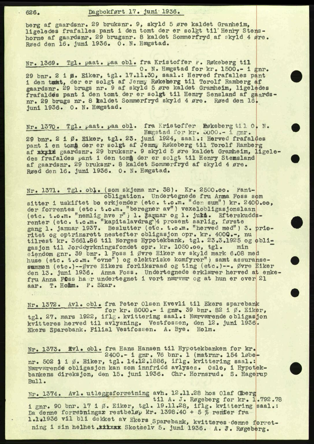 Eiker, Modum og Sigdal sorenskriveri, SAKO/A-123/G/Ga/Gab/L0032: Pantebok nr. A2, 1936-1936, Dagboknr: 1369/1936