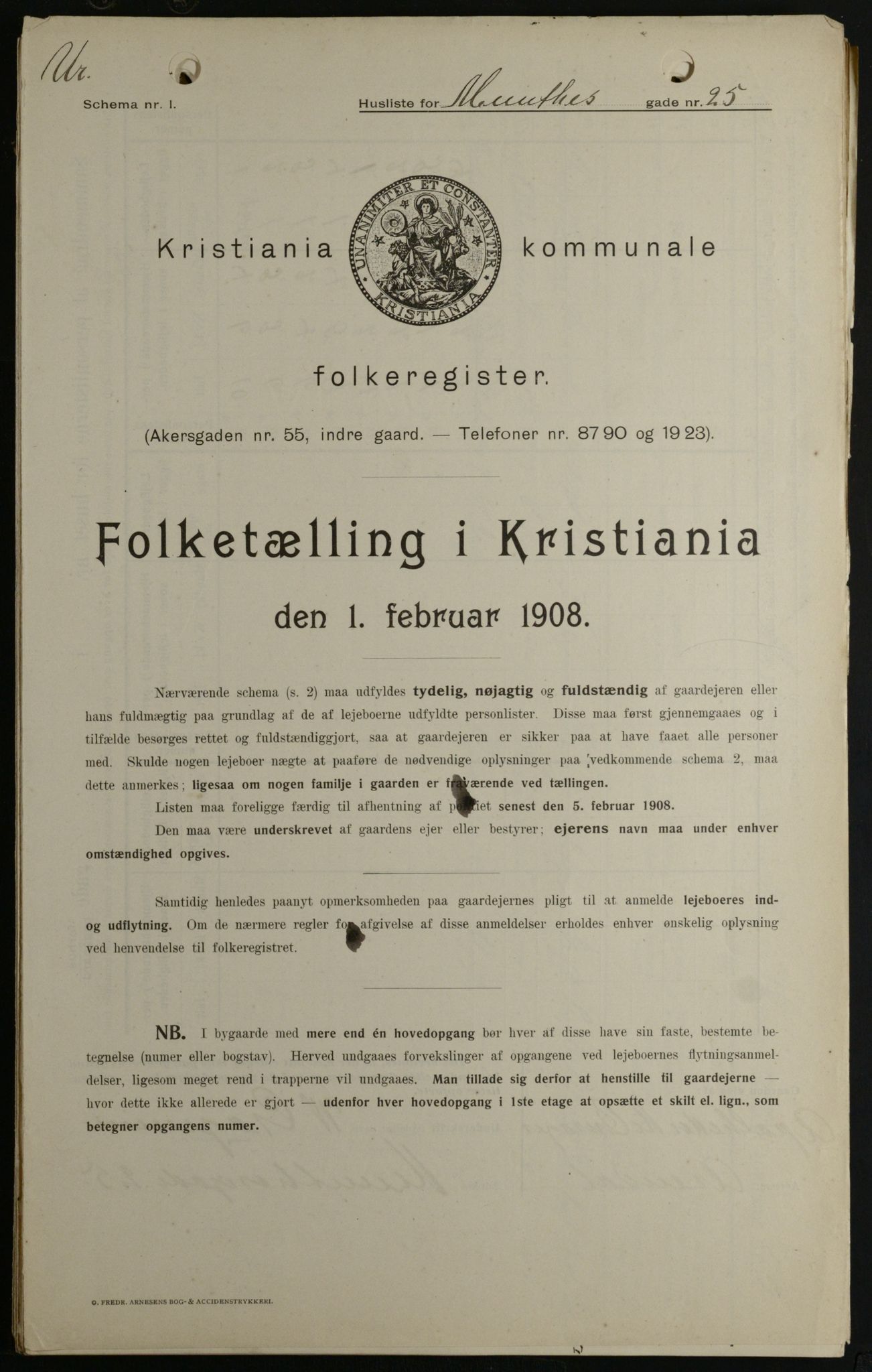 OBA, Kommunal folketelling 1.2.1908 for Kristiania kjøpstad, 1908, s. 61002