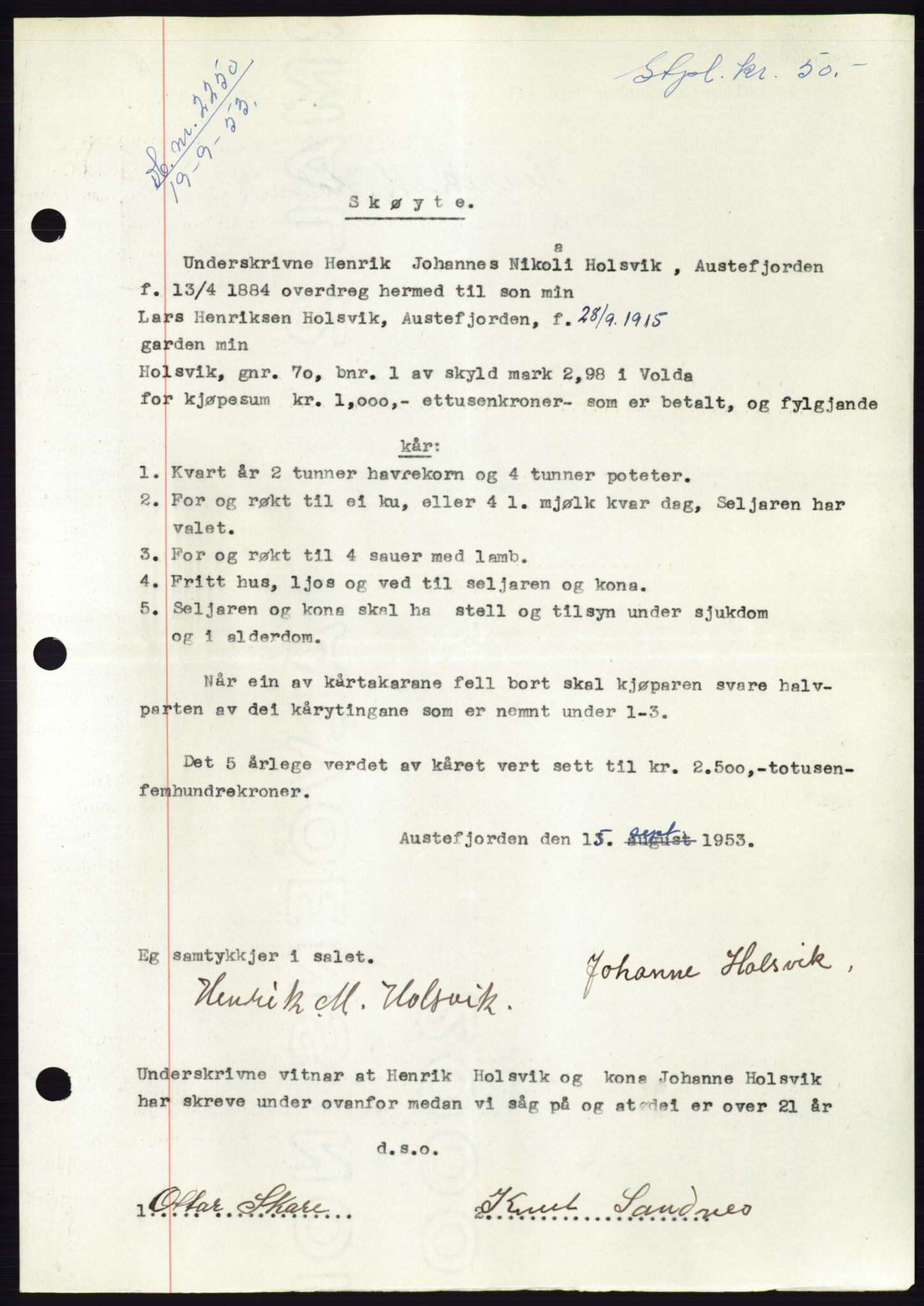 Søre Sunnmøre sorenskriveri, AV/SAT-A-4122/1/2/2C/L0095: Pantebok nr. 21A, 1953-1953, Dagboknr: 2250/1953