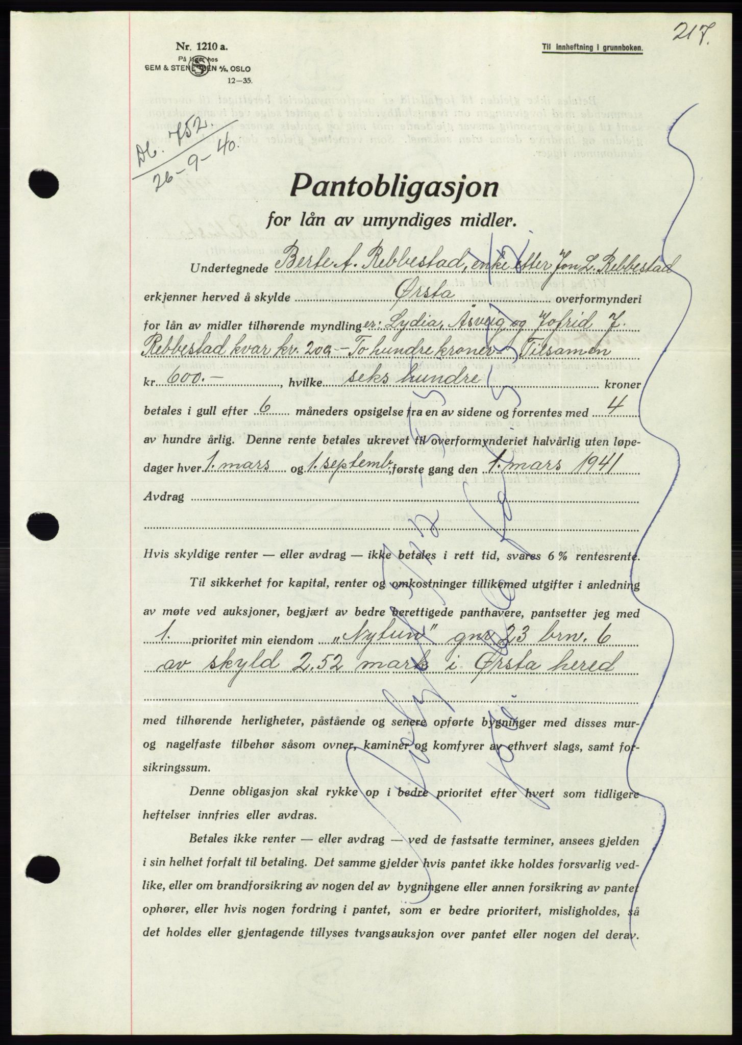 Søre Sunnmøre sorenskriveri, SAT/A-4122/1/2/2C/L0070: Pantebok nr. 64, 1940-1941, Dagboknr: 752/1940