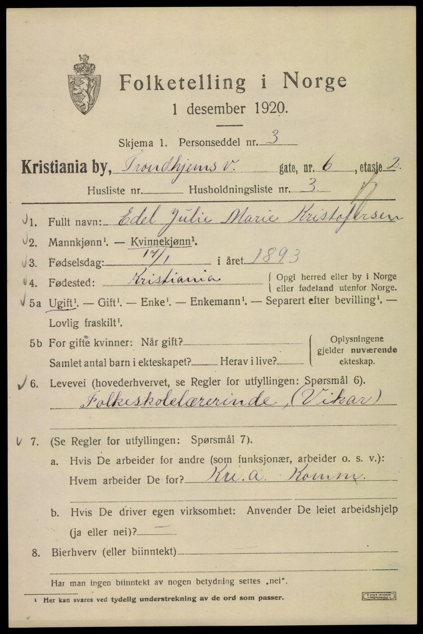SAO, Folketelling 1920 for 0301 Kristiania kjøpstad, 1920, s. 598569