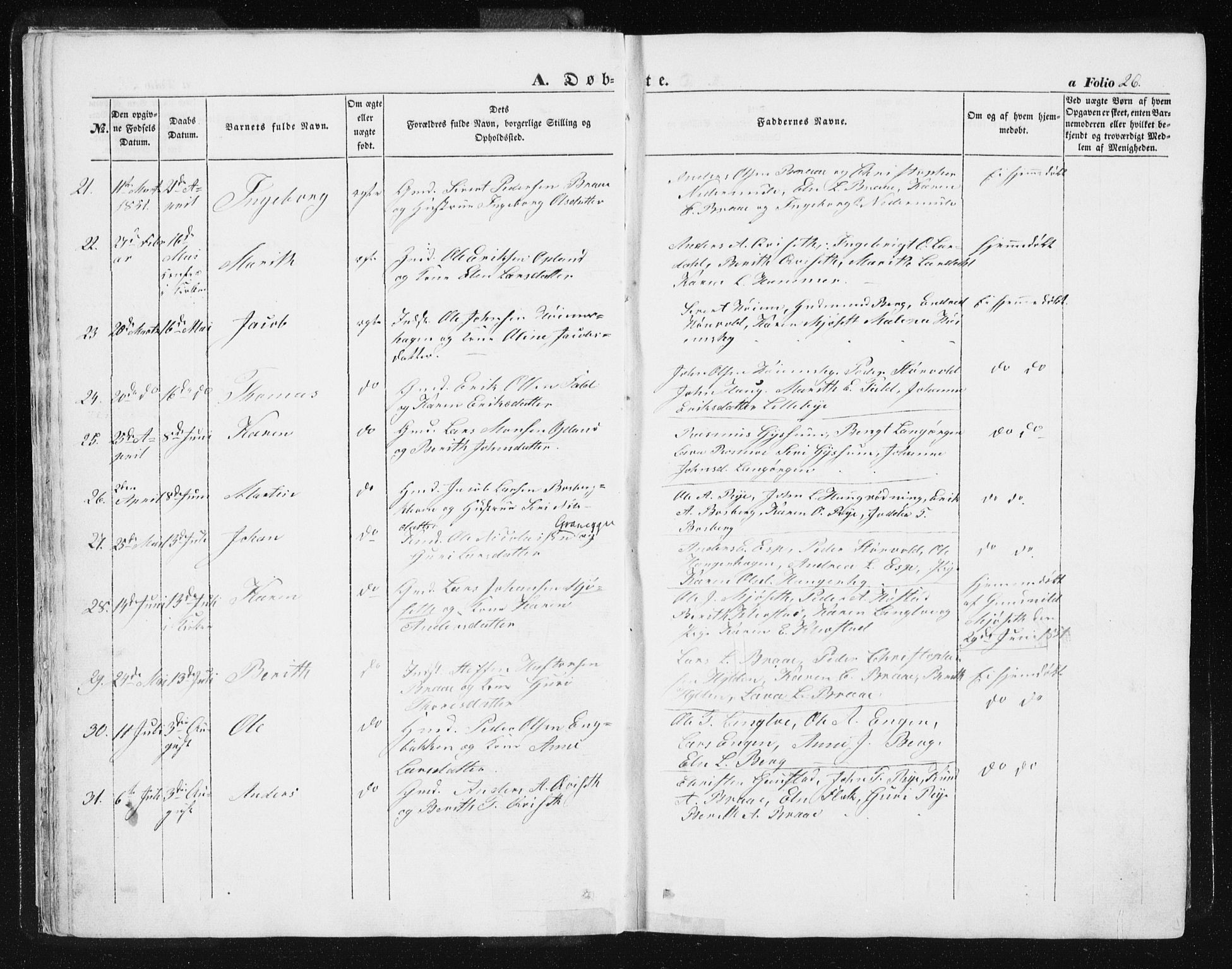 Ministerialprotokoller, klokkerbøker og fødselsregistre - Sør-Trøndelag, SAT/A-1456/612/L0376: Ministerialbok nr. 612A08, 1846-1859, s. 26