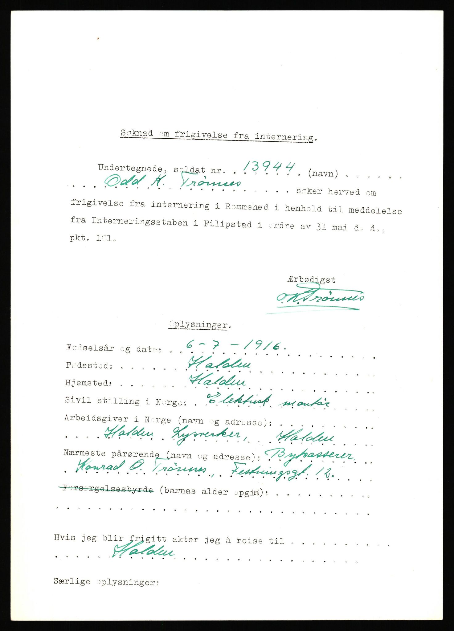 Forsvaret, Forsvarets krigshistoriske avdeling, AV/RA-RAFA-2017/Y/Yf/L0204: II-C-11-2110 - Norske internert i Sverige 1940 / Tysk frigivelse av norsk soldat, 1940, s. 271