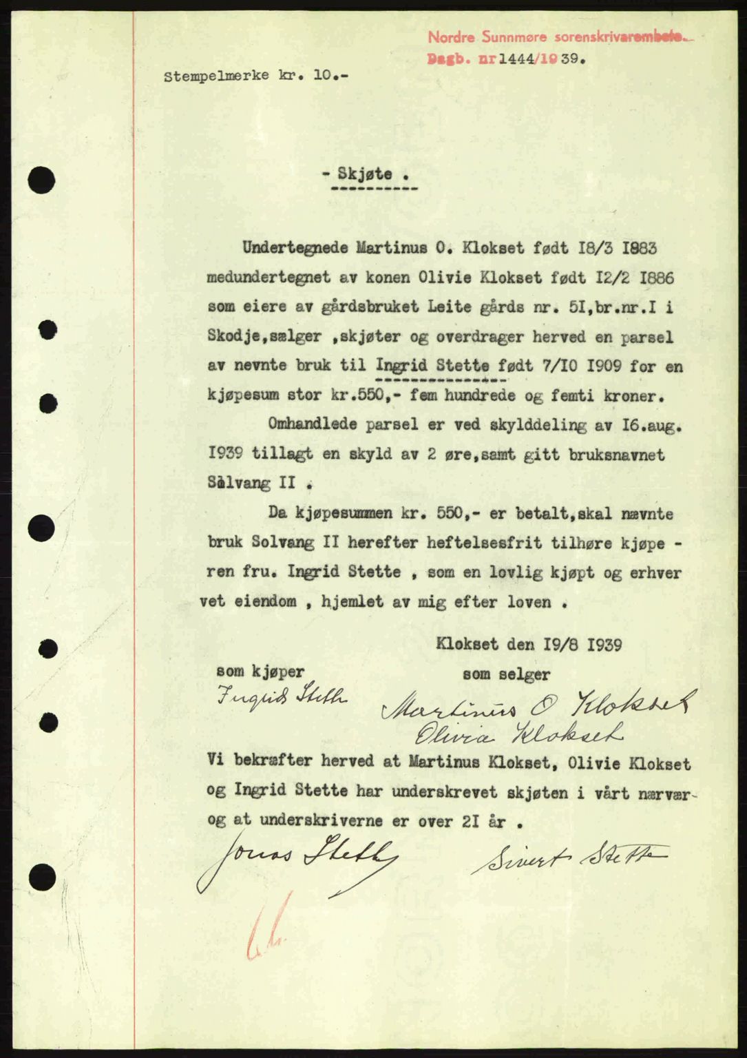 Nordre Sunnmøre sorenskriveri, SAT/A-0006/1/2/2C/2Ca: Pantebok nr. A7, 1939-1939, Dagboknr: 1444/1939