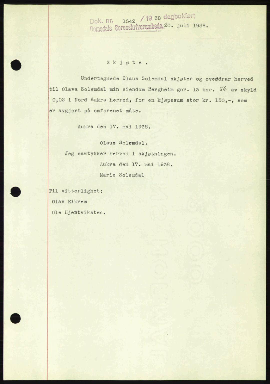 Romsdal sorenskriveri, SAT/A-4149/1/2/2C: Pantebok nr. A5, 1938-1938, Dagboknr: 1542/1938