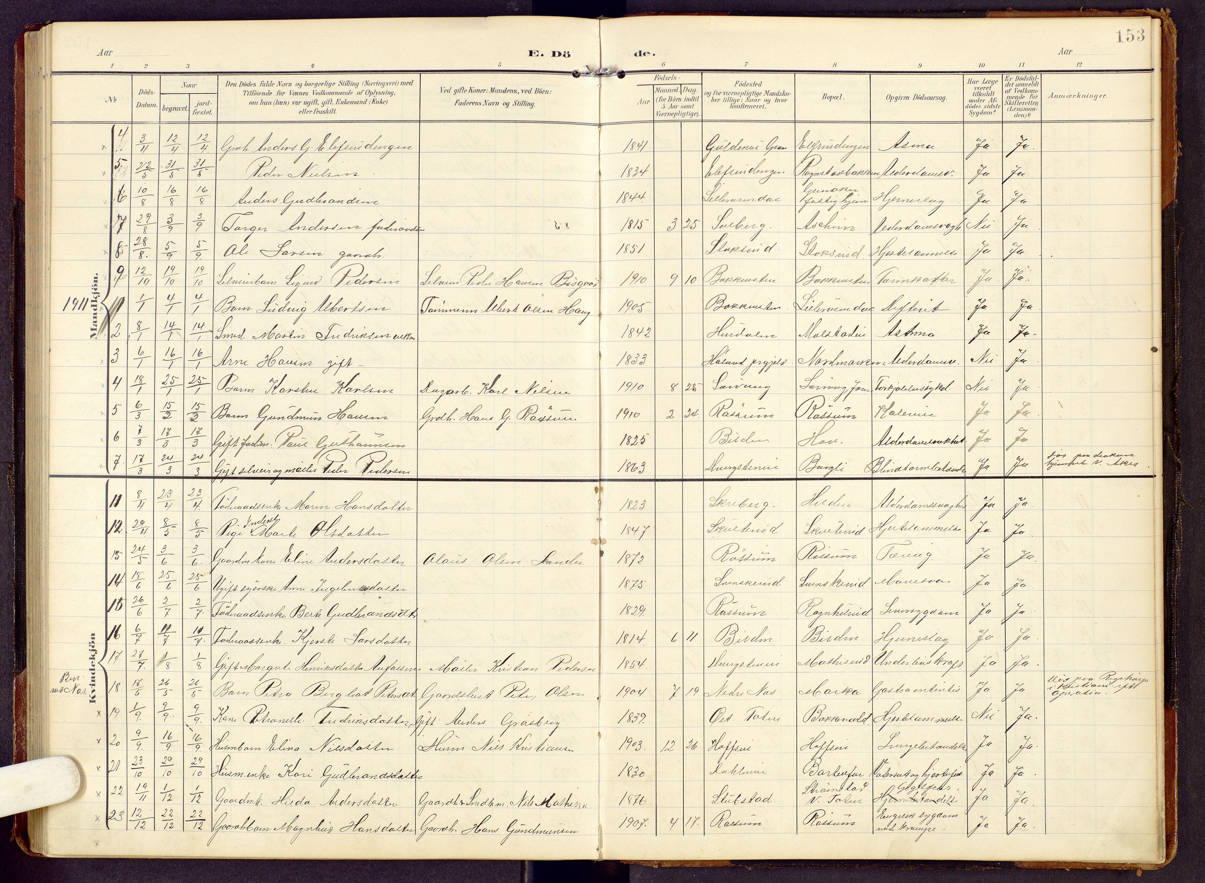 Brandbu prestekontor, AV/SAH-PREST-114/H/Ha/Hab/L0009: Klokkerbok nr. 9, 1903-1916, s. 153