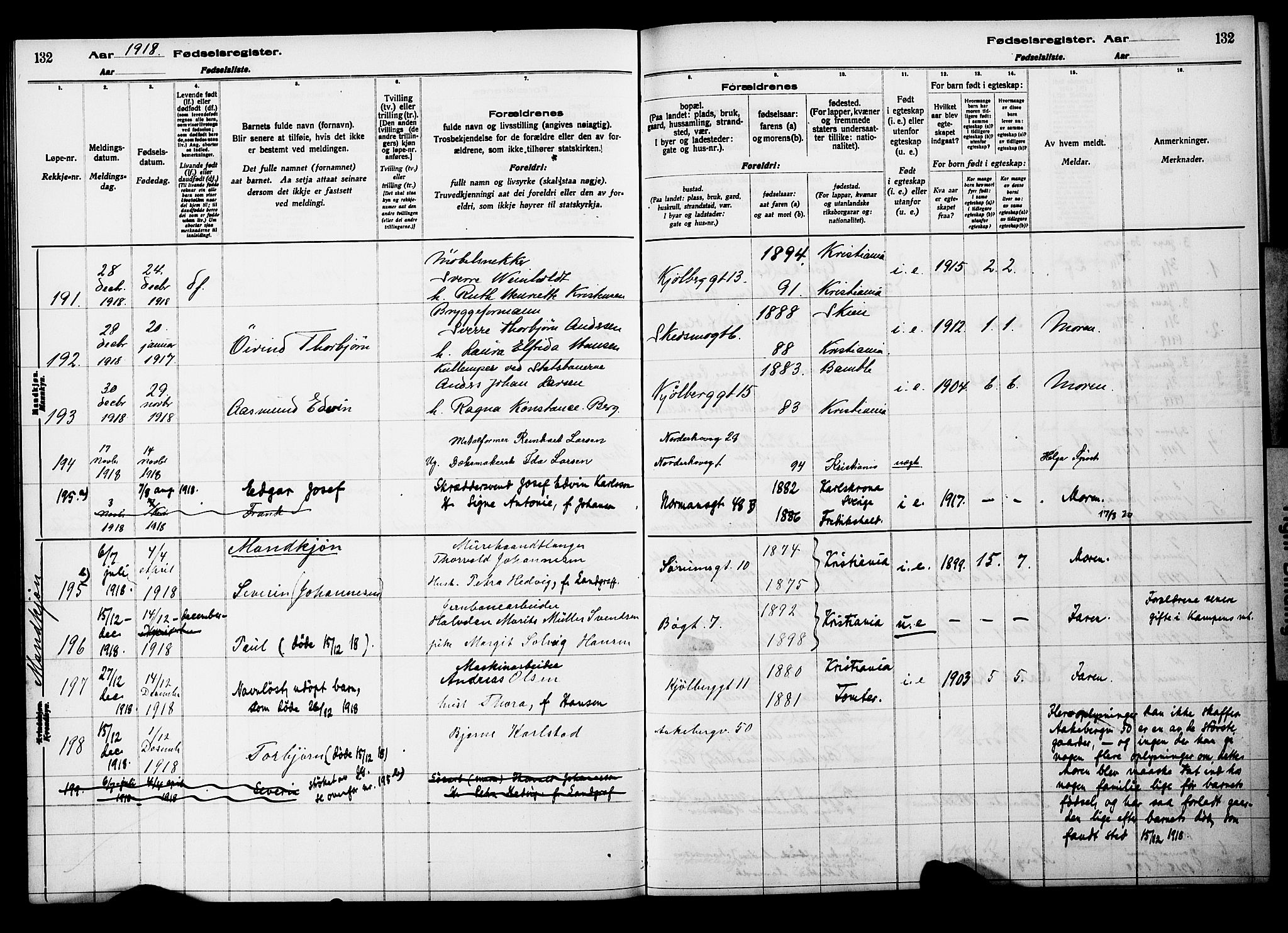 Kampen prestekontor Kirkebøker, AV/SAO-A-10853/J/Ja/L0001: Fødselsregister nr. 1, 1916-1920, s. 132